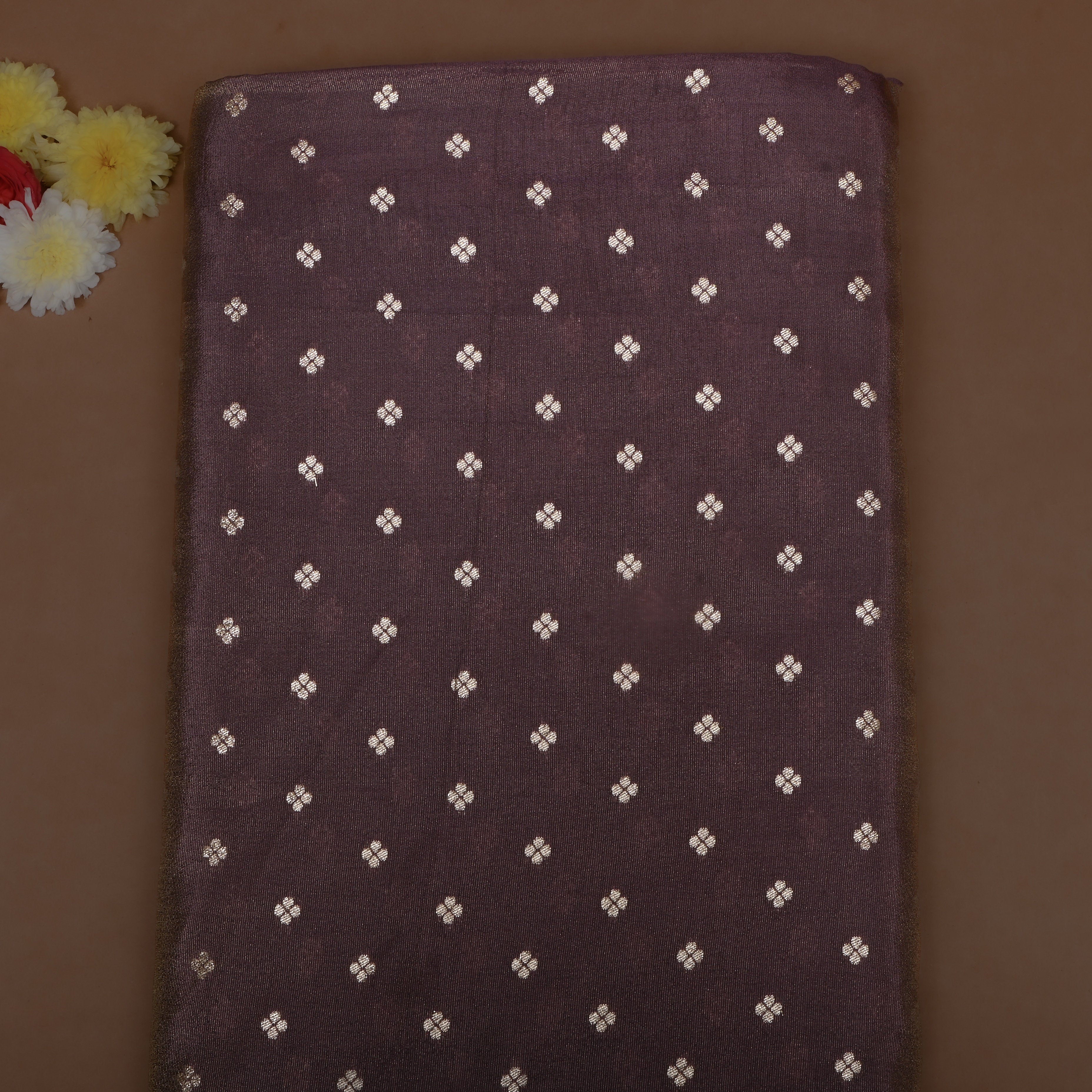 Brown Zari Motifs Tissue Fabric