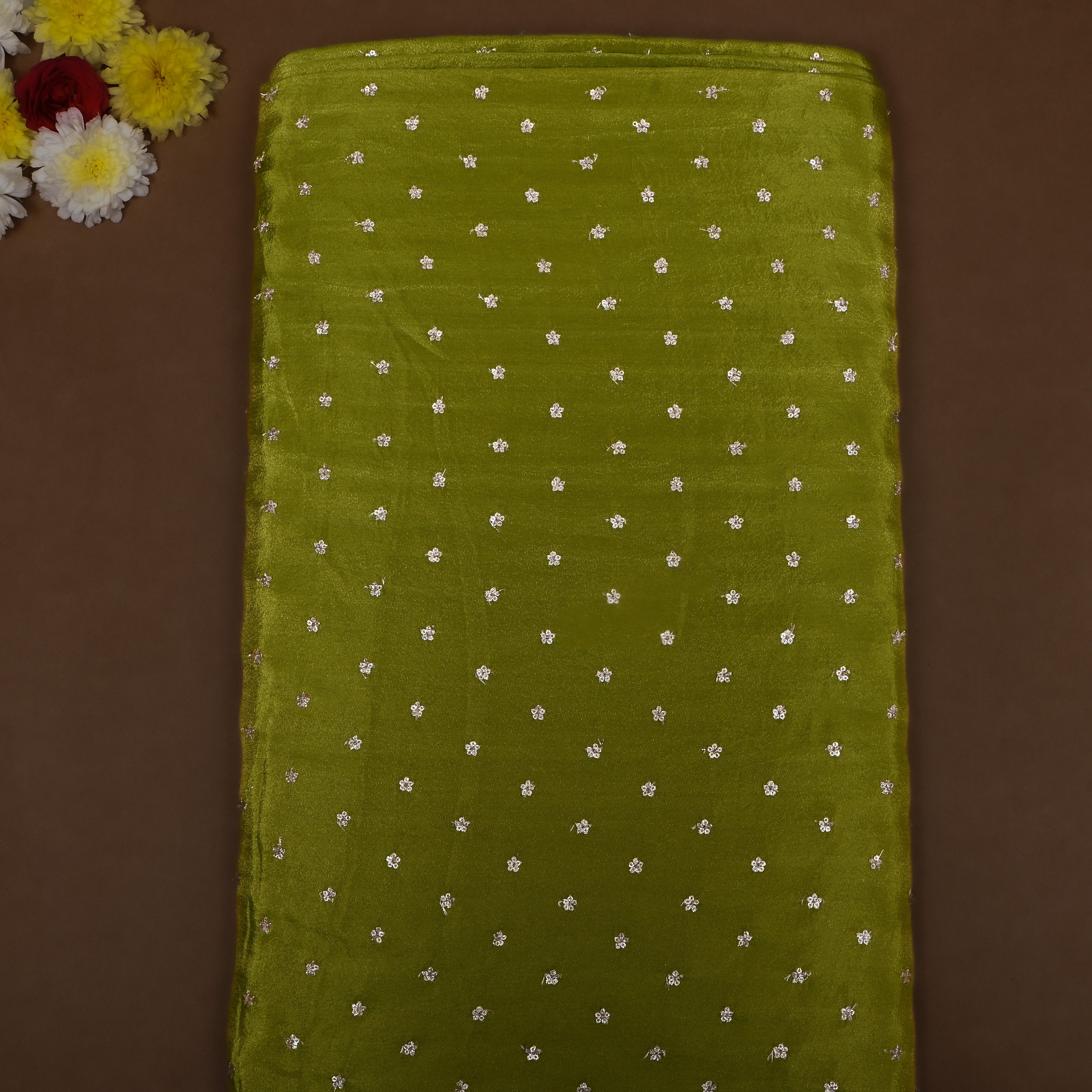 Pickle Green Floral Embroidered Tissue Fabric