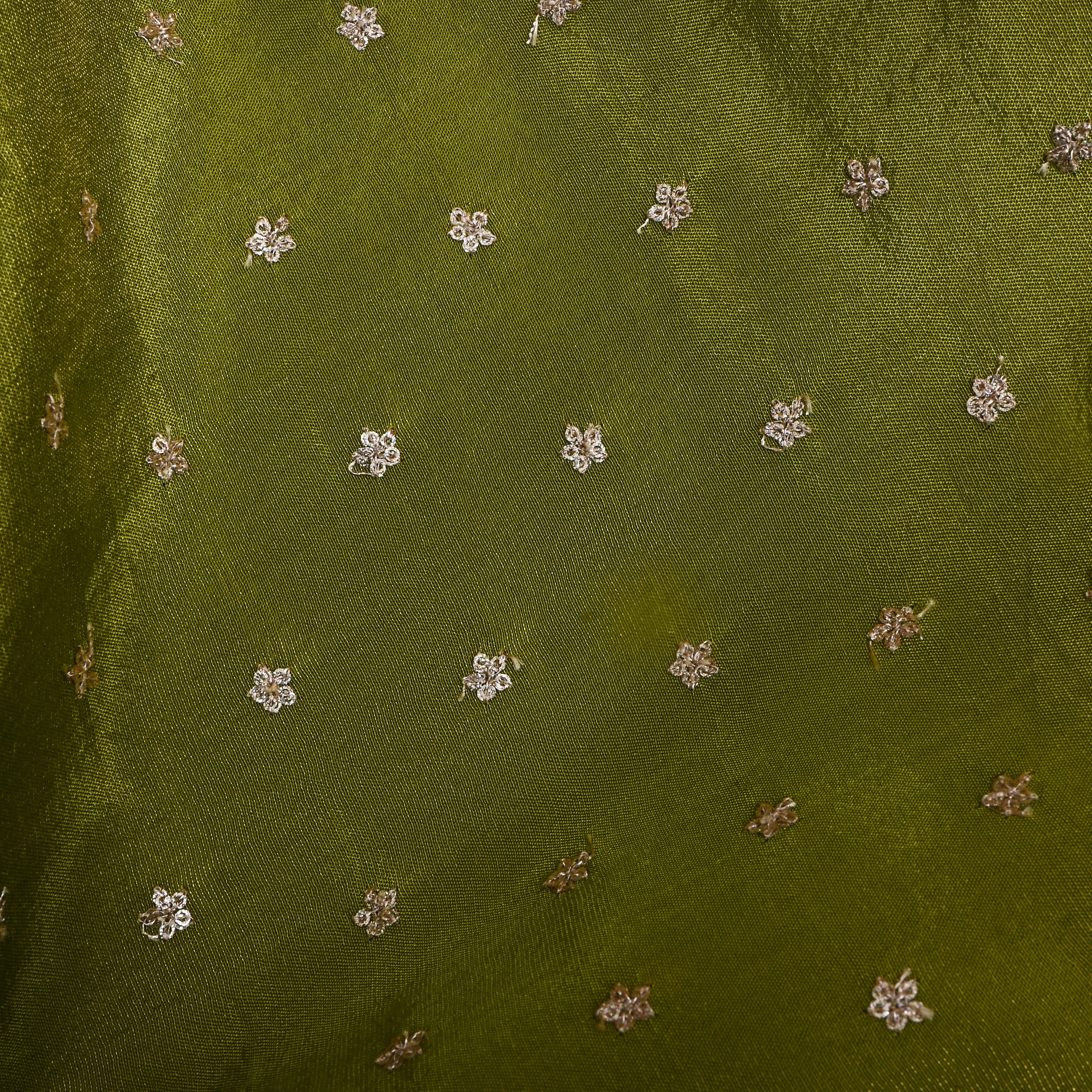 Pickle Green Floral Embroidered Tissue Fabric