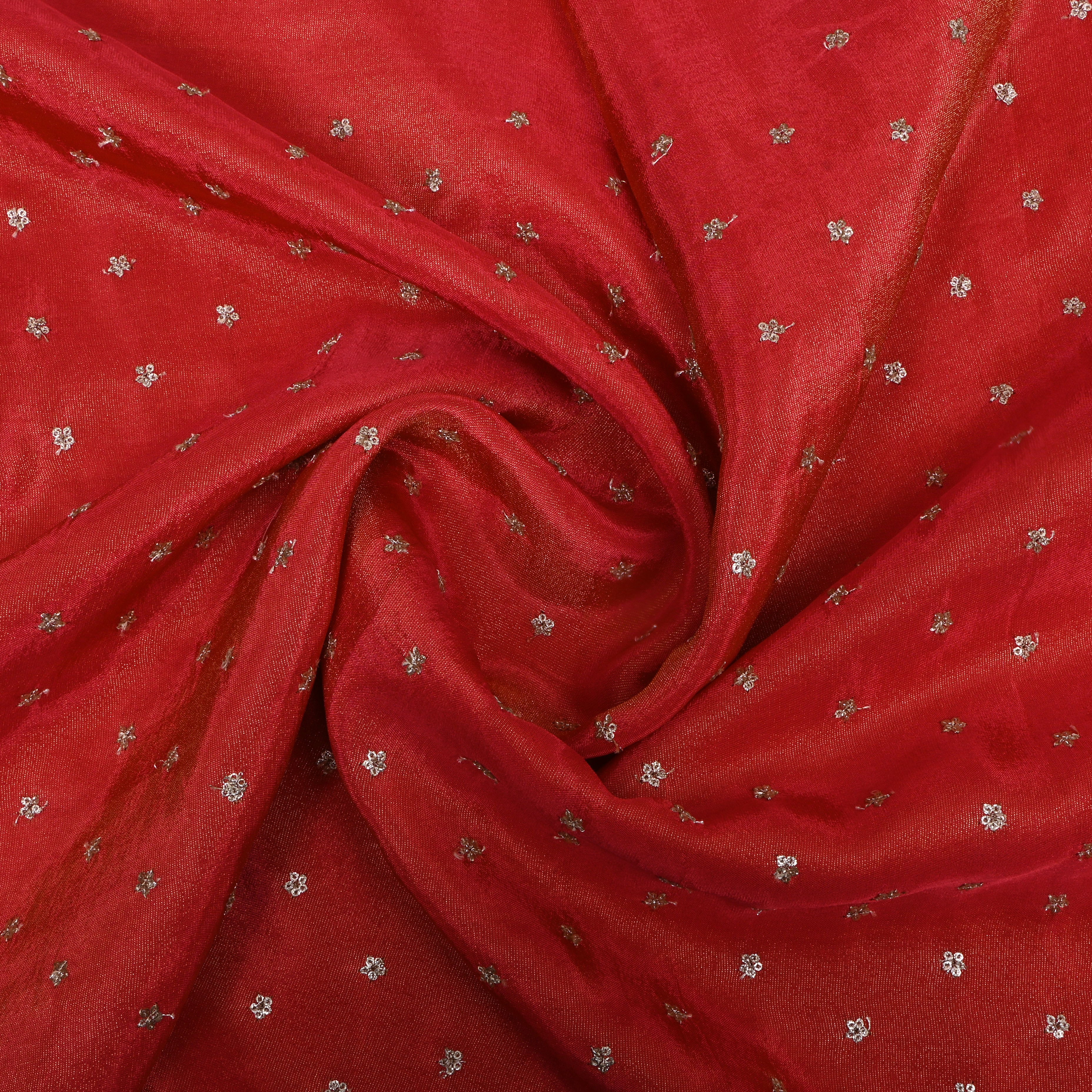 Crimson Red Floral Embroidered Tissue Fabric