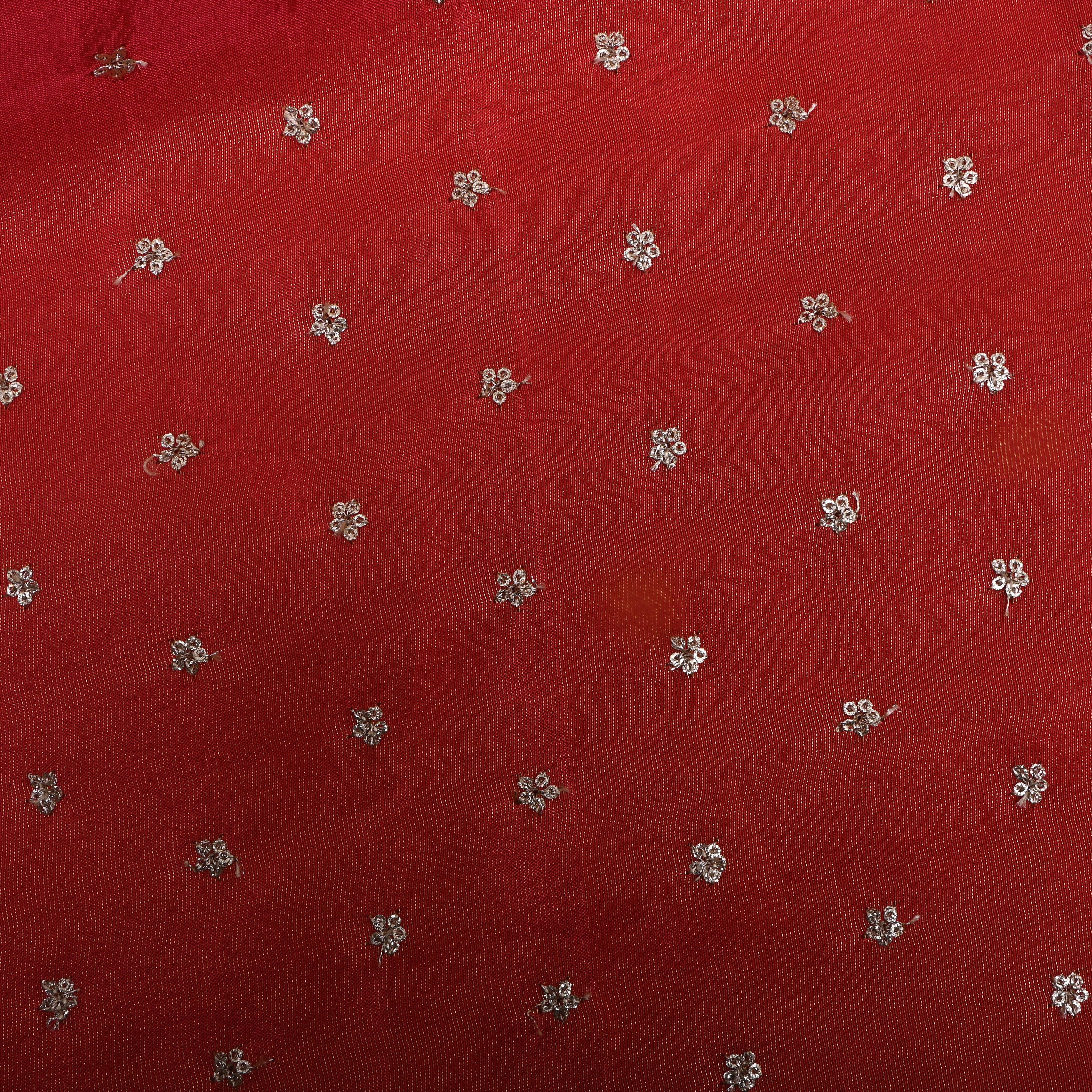 Crimson Red Floral Embroidered Tissue Fabric