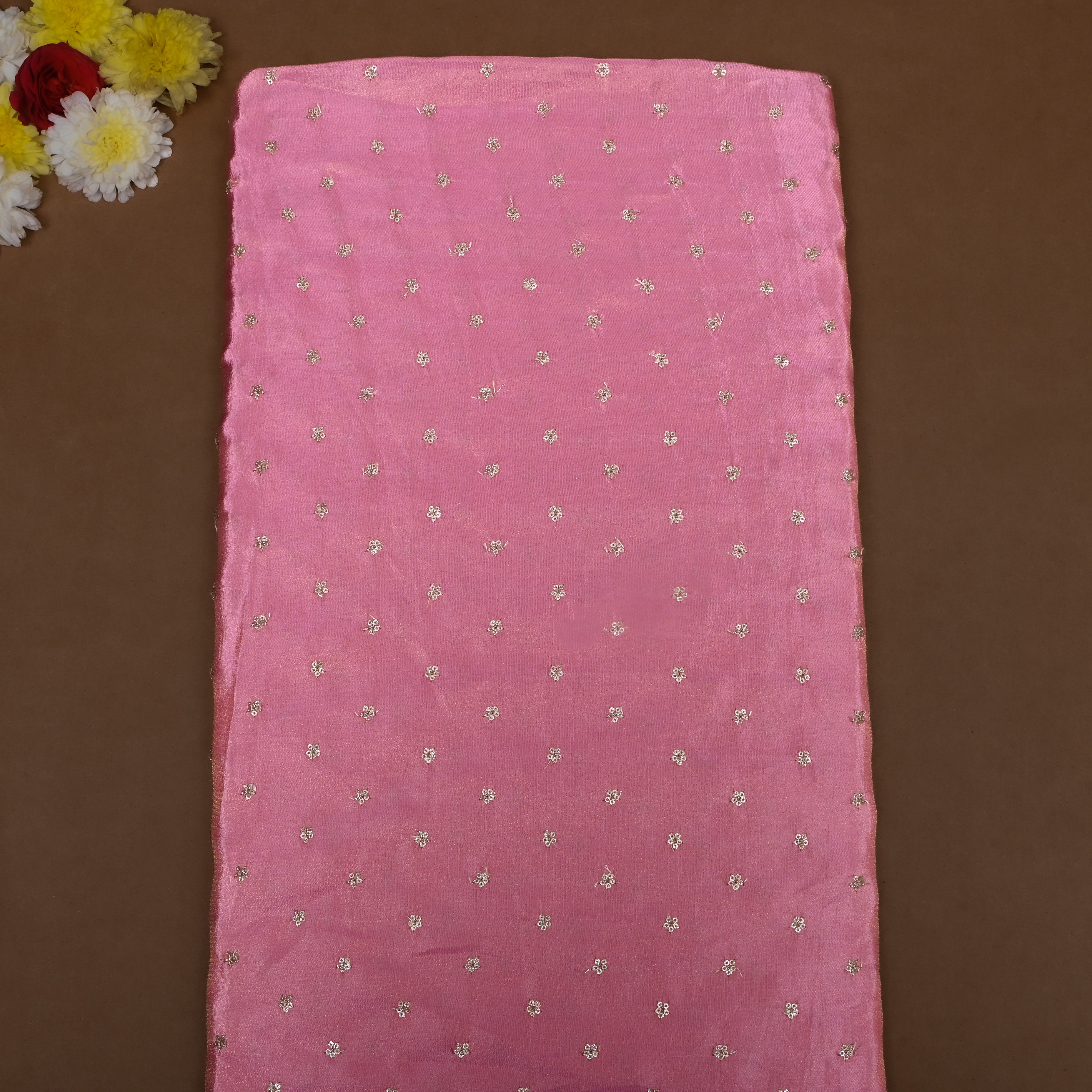 Taffy Pink Floral Embroidered Tissue Fabric