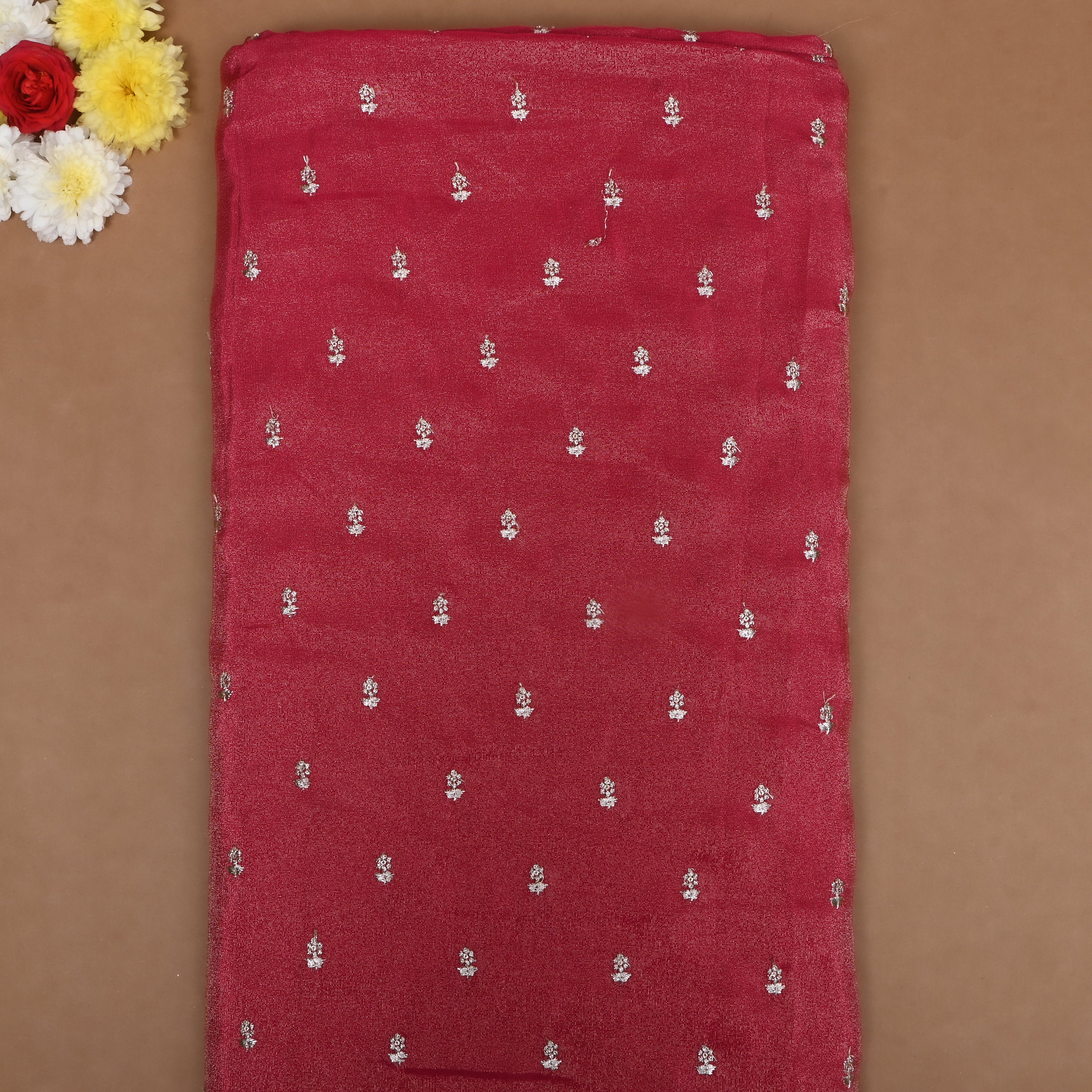 Amaranth Pink Floral Embroidered Tissue Fabric