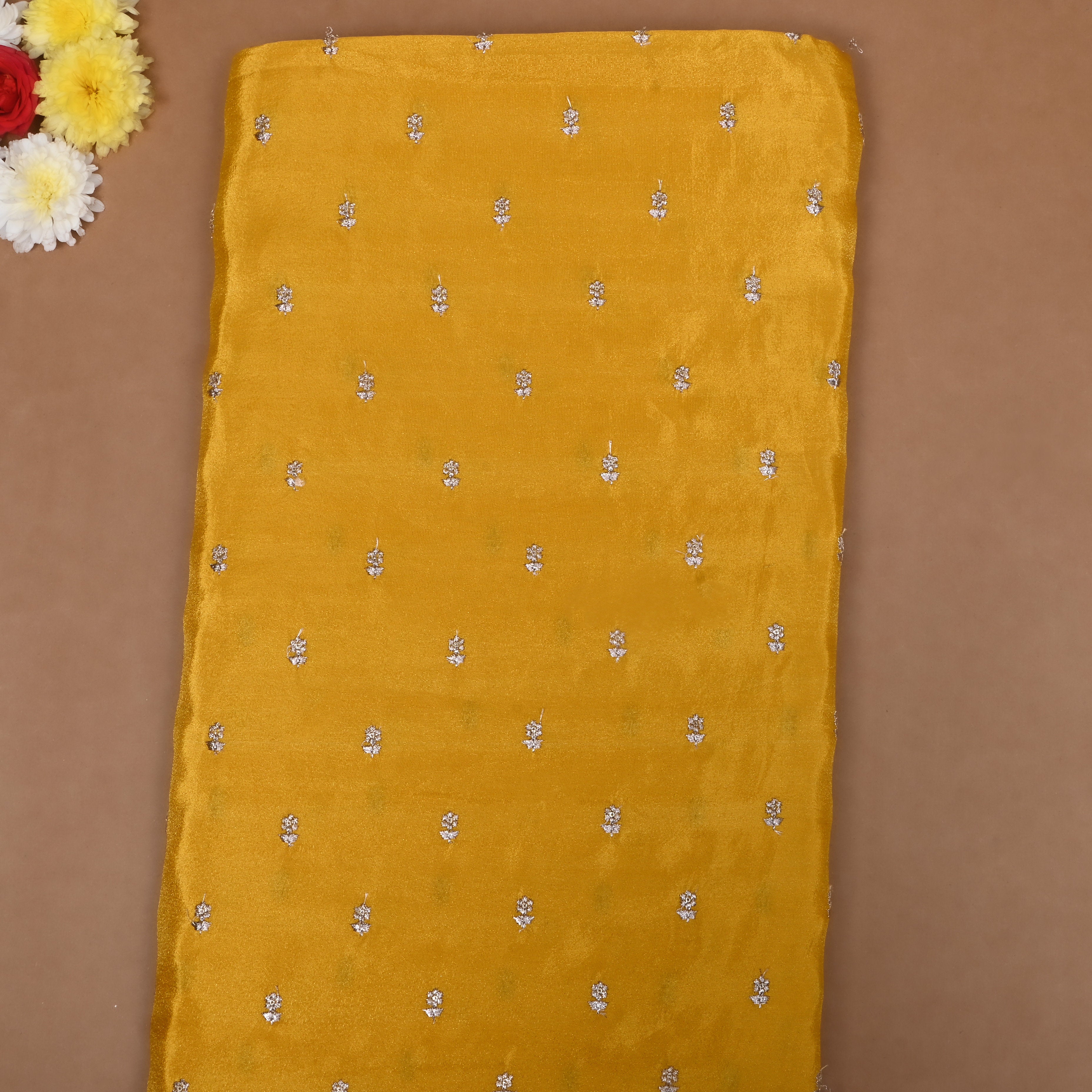Golden Yellow Floral Embroidered Tissue Fabric