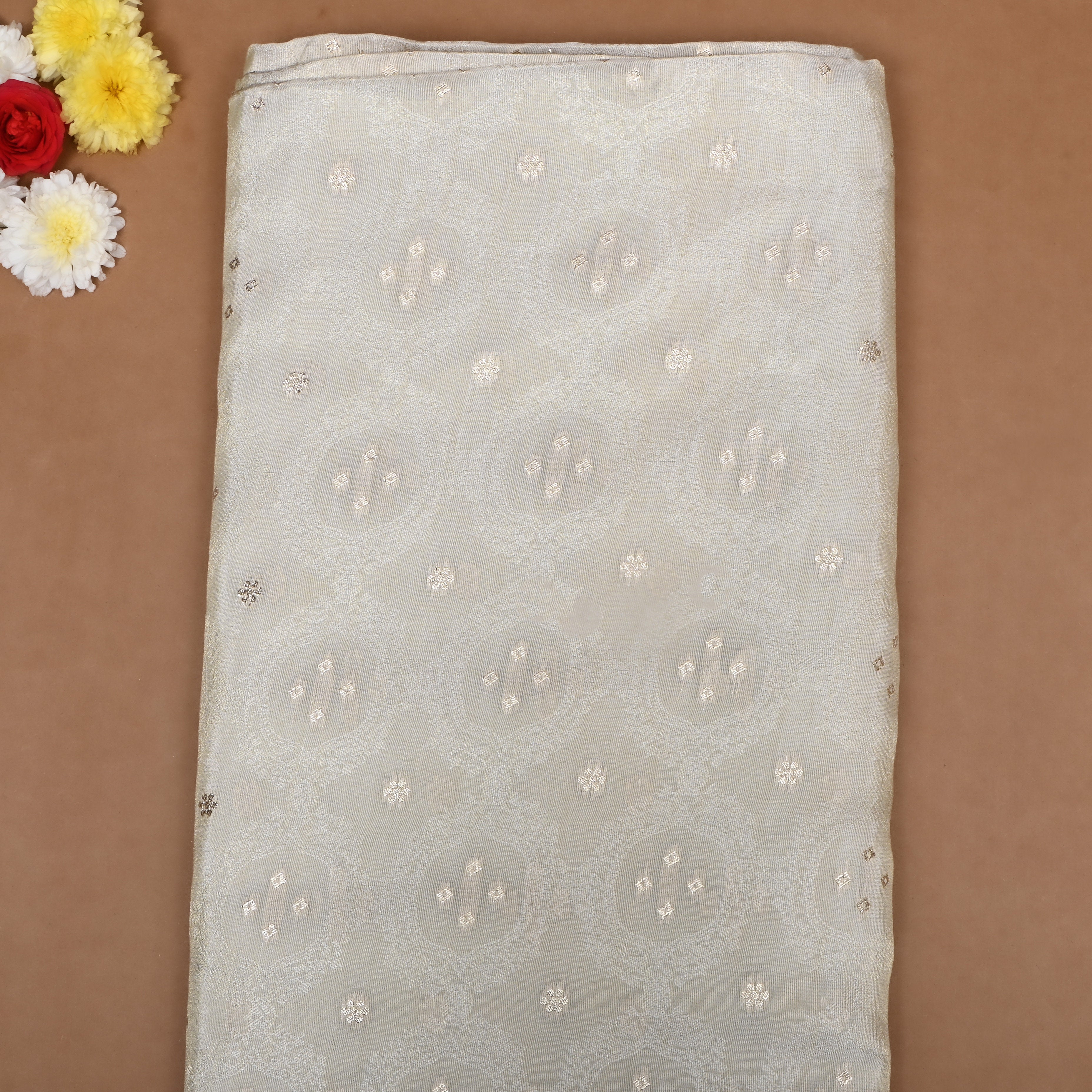Dull White Zari Embroidered Tissue Fabric