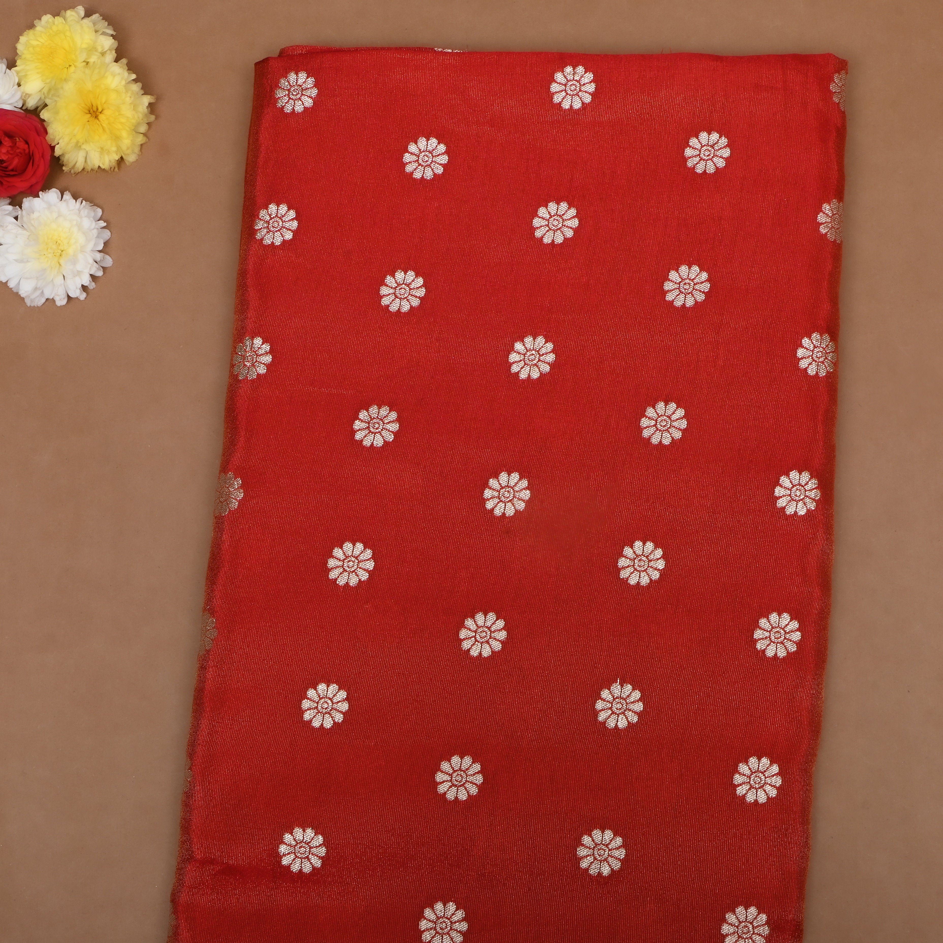Tomato Red Zari Embroidery Tissue Fabric
