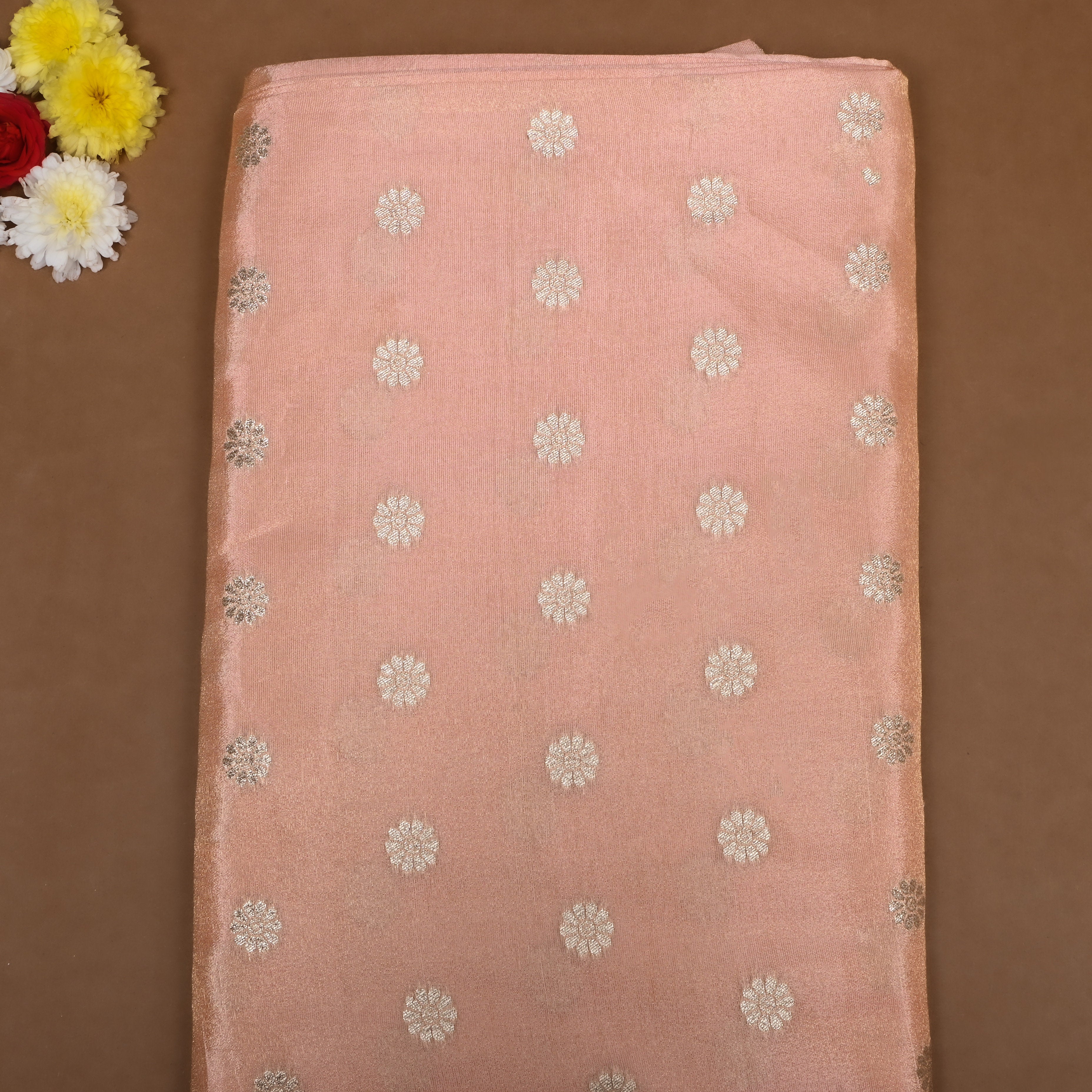 Peach Pink Zari Woven Silk Fabric