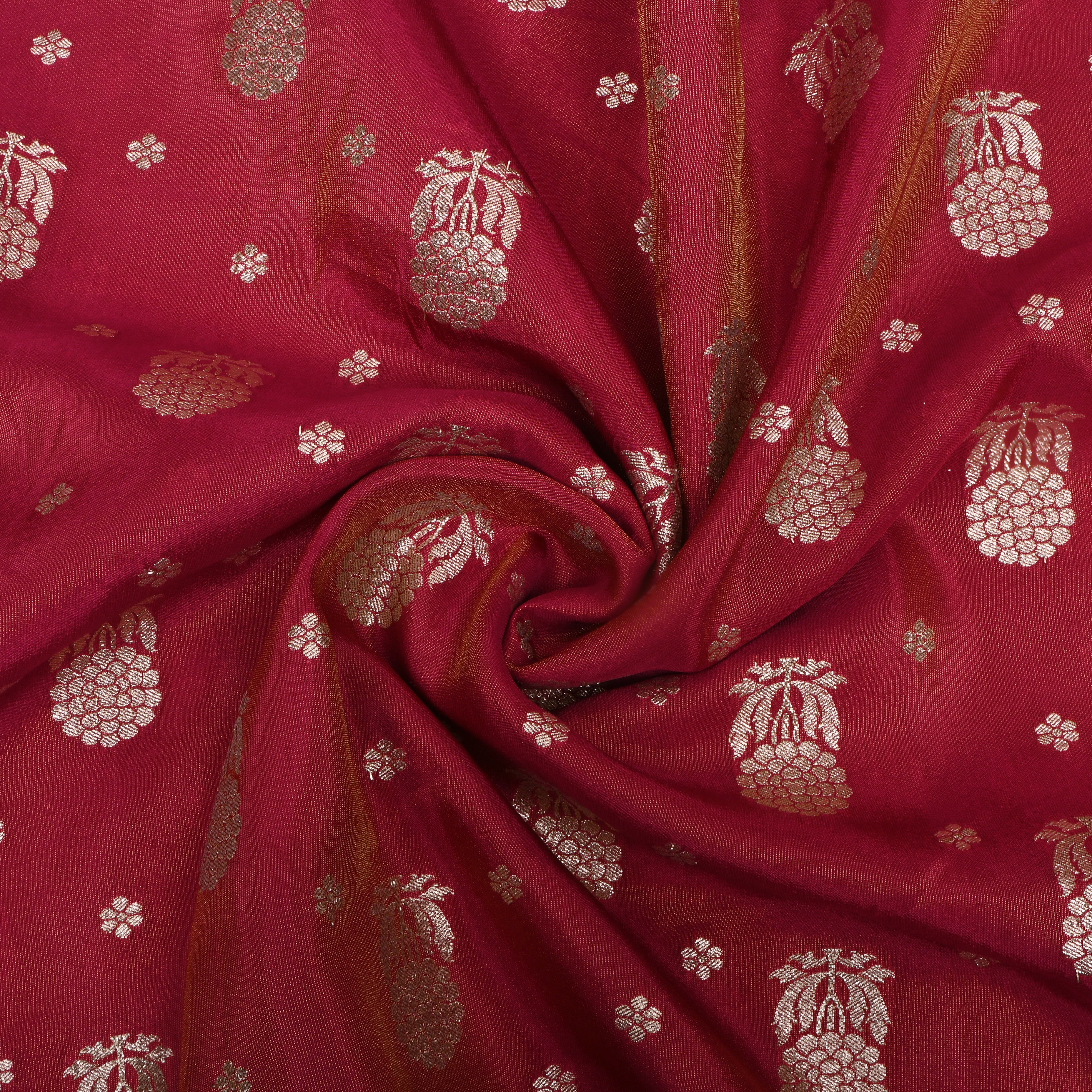 Crimson Pink Floral Jamawar Tissue Fabric