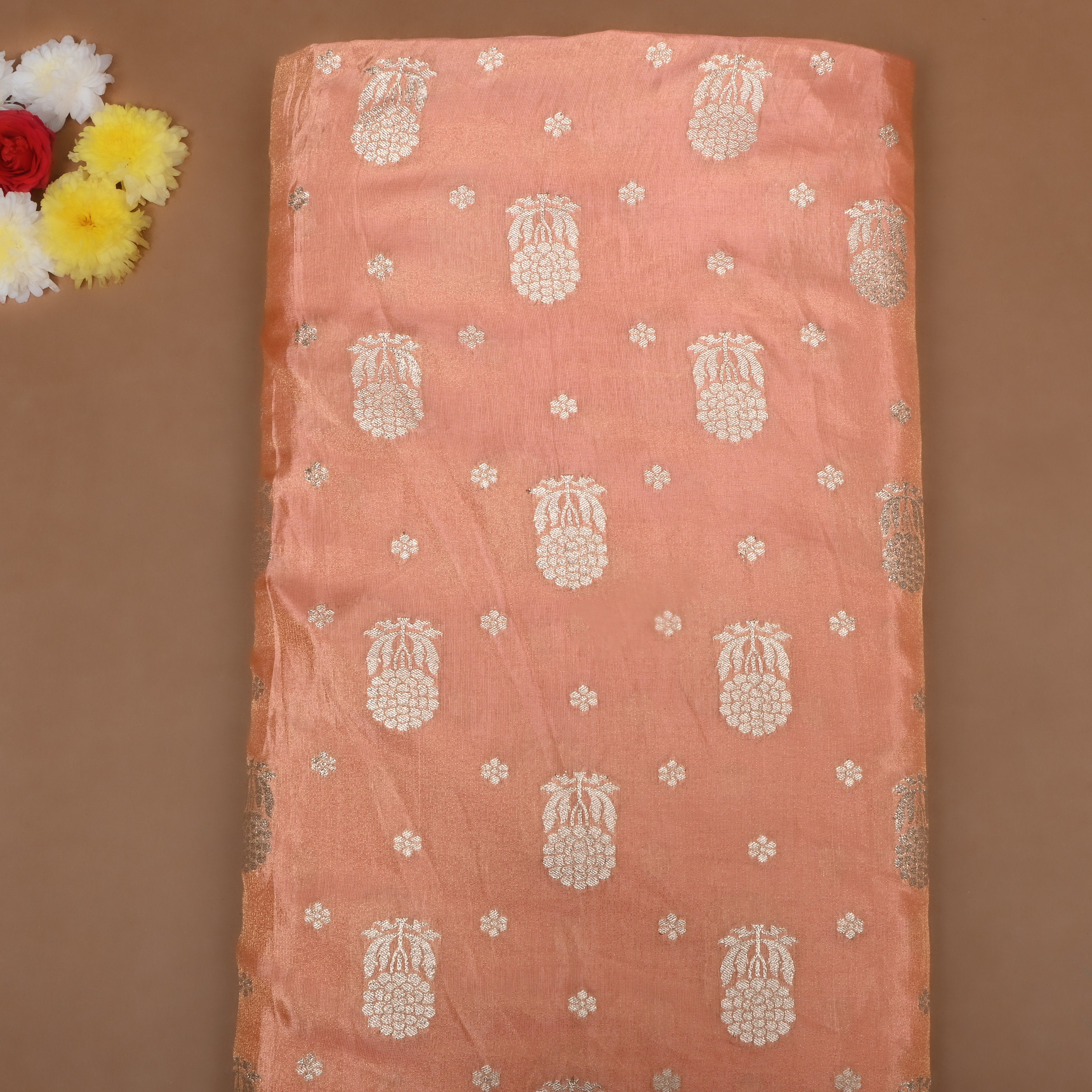 Peach Floral Jamawar Silk Tissue Fabric