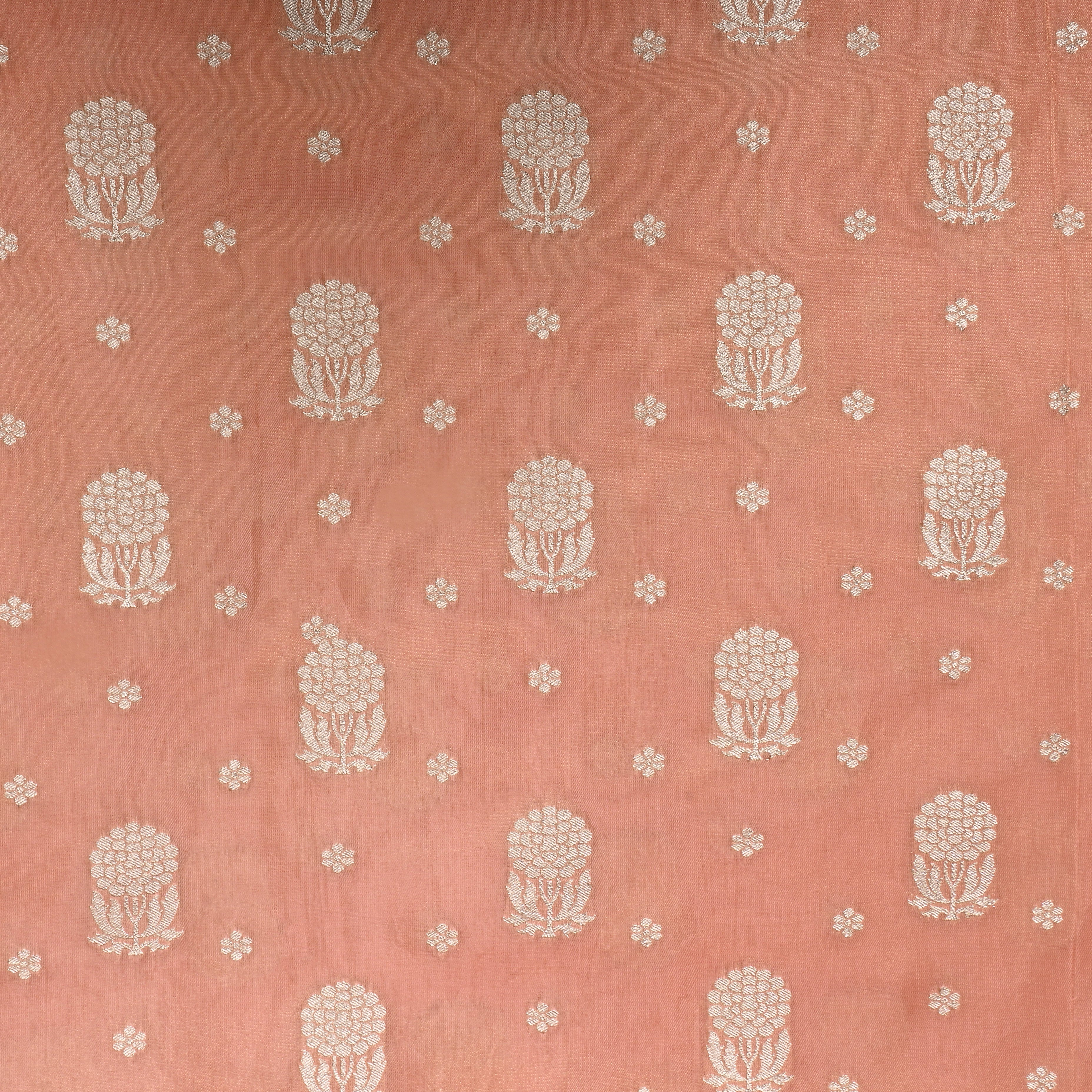 Peach Floral Jamawar Silk Tissue Fabric