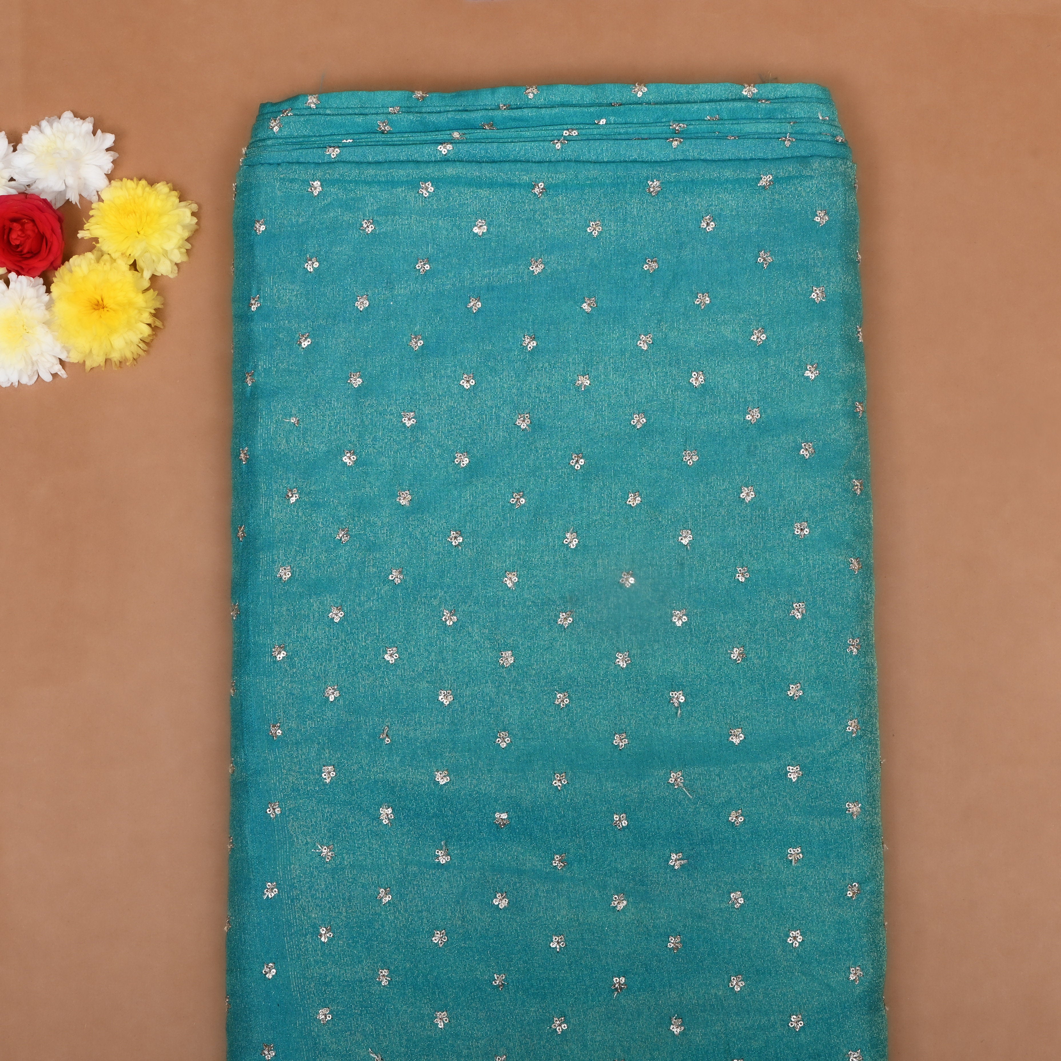 Turquoise Blue Floral Embroidered Tissue Fabric