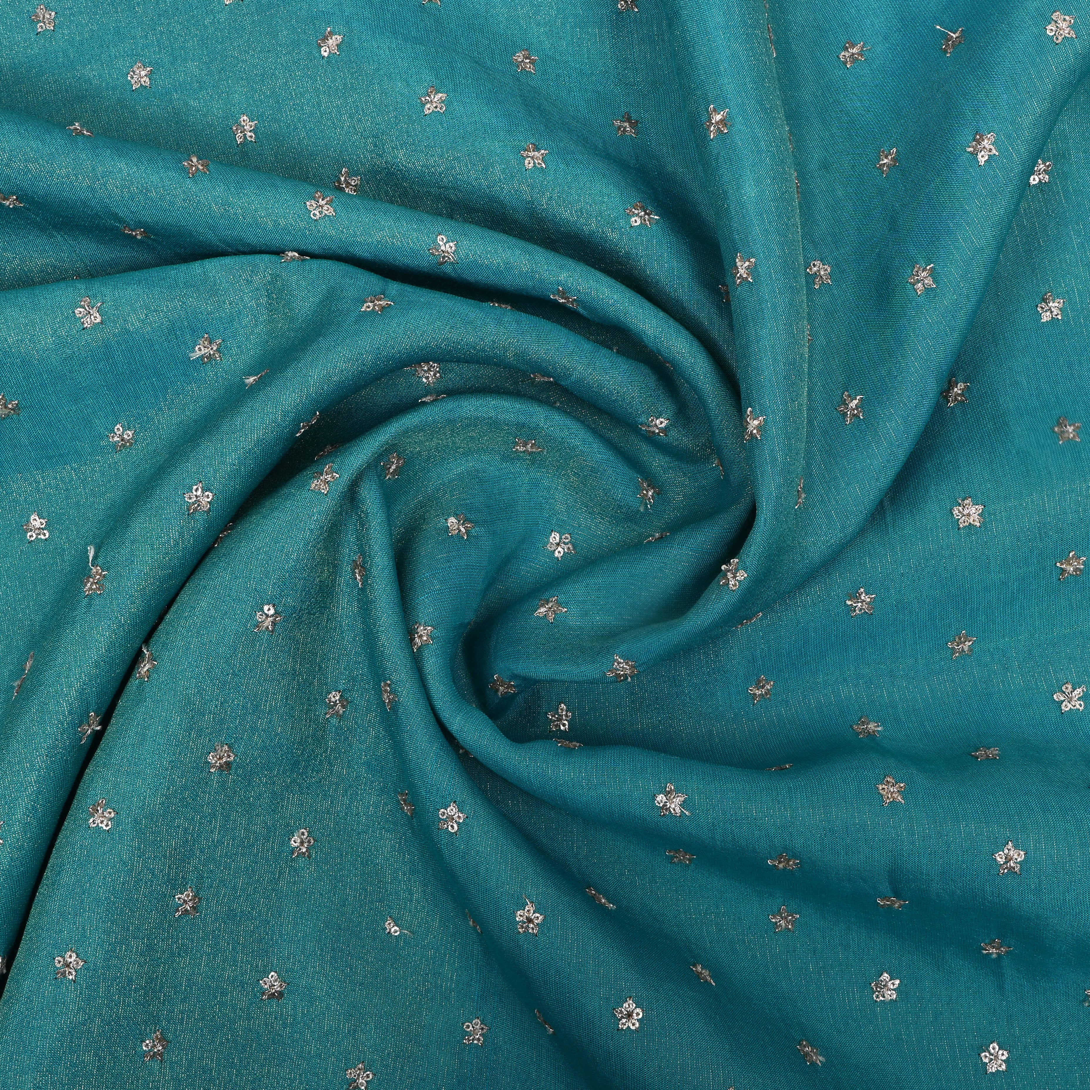 Turquoise Blue Floral Embroidered Tissue Fabric