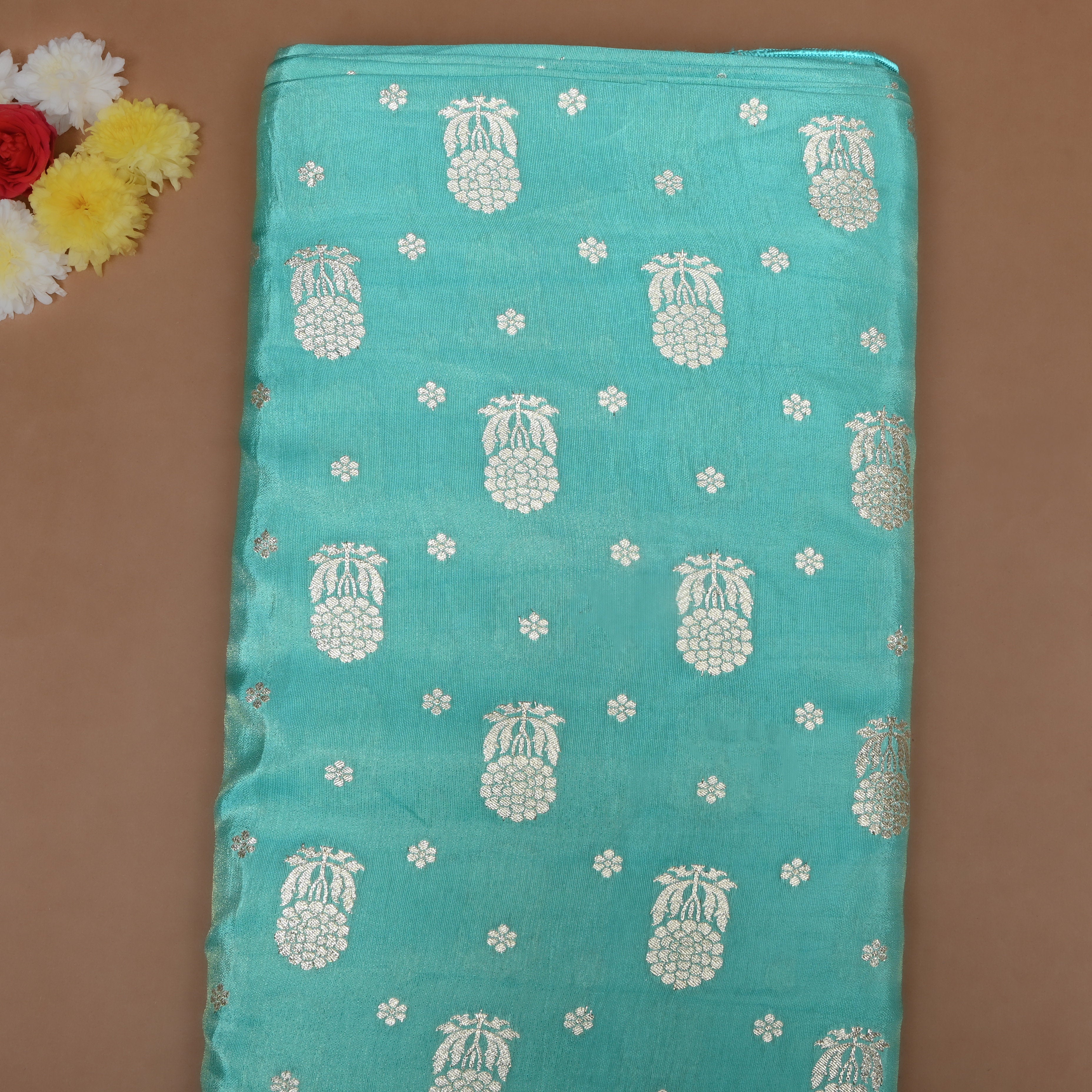 Turquoise Blue Floral Jamawar Tissue Fabric