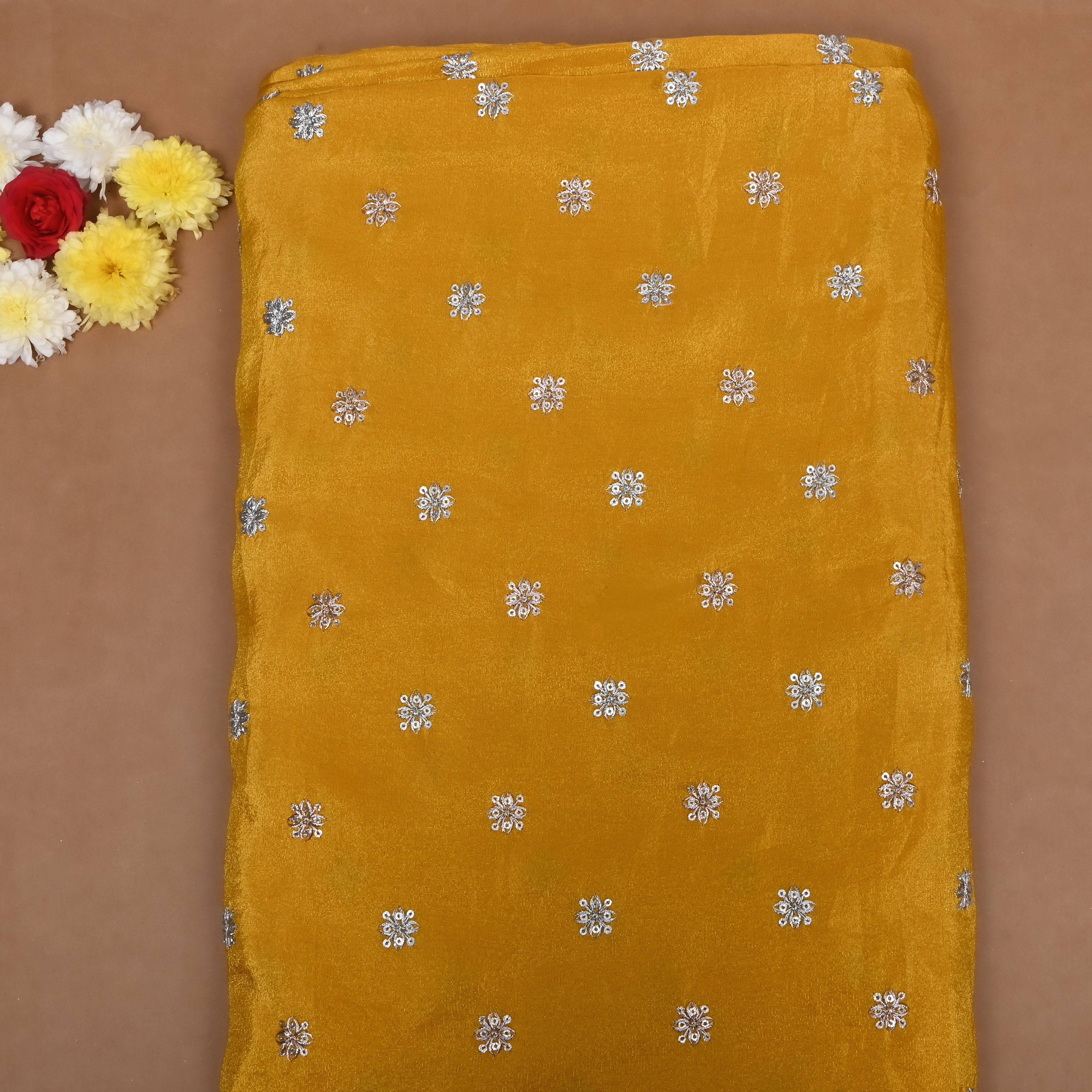 Mustard Yellow Zari Embroidered Tissue Fabric