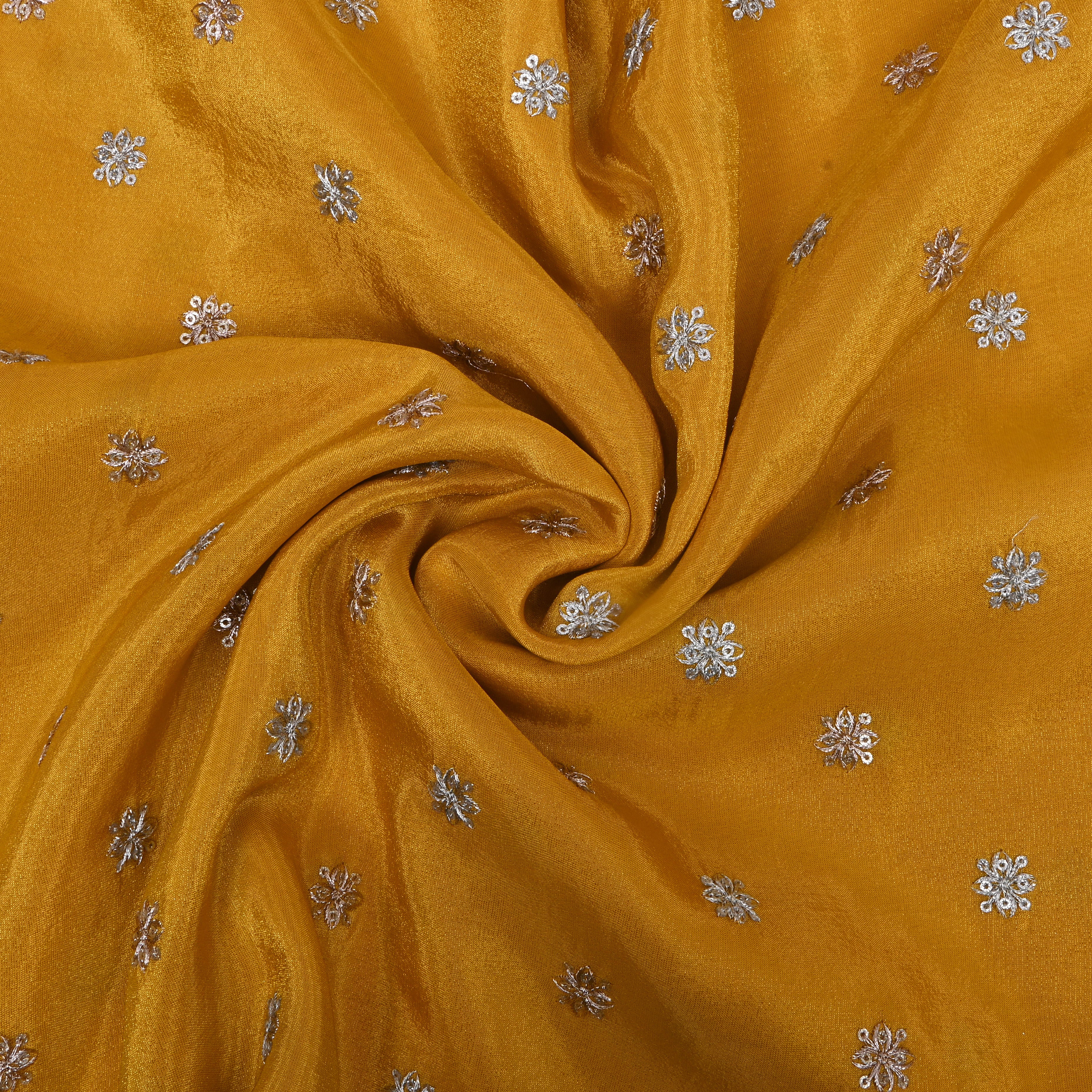 Mustard Yellow Zari Embroidered Tissue Fabric