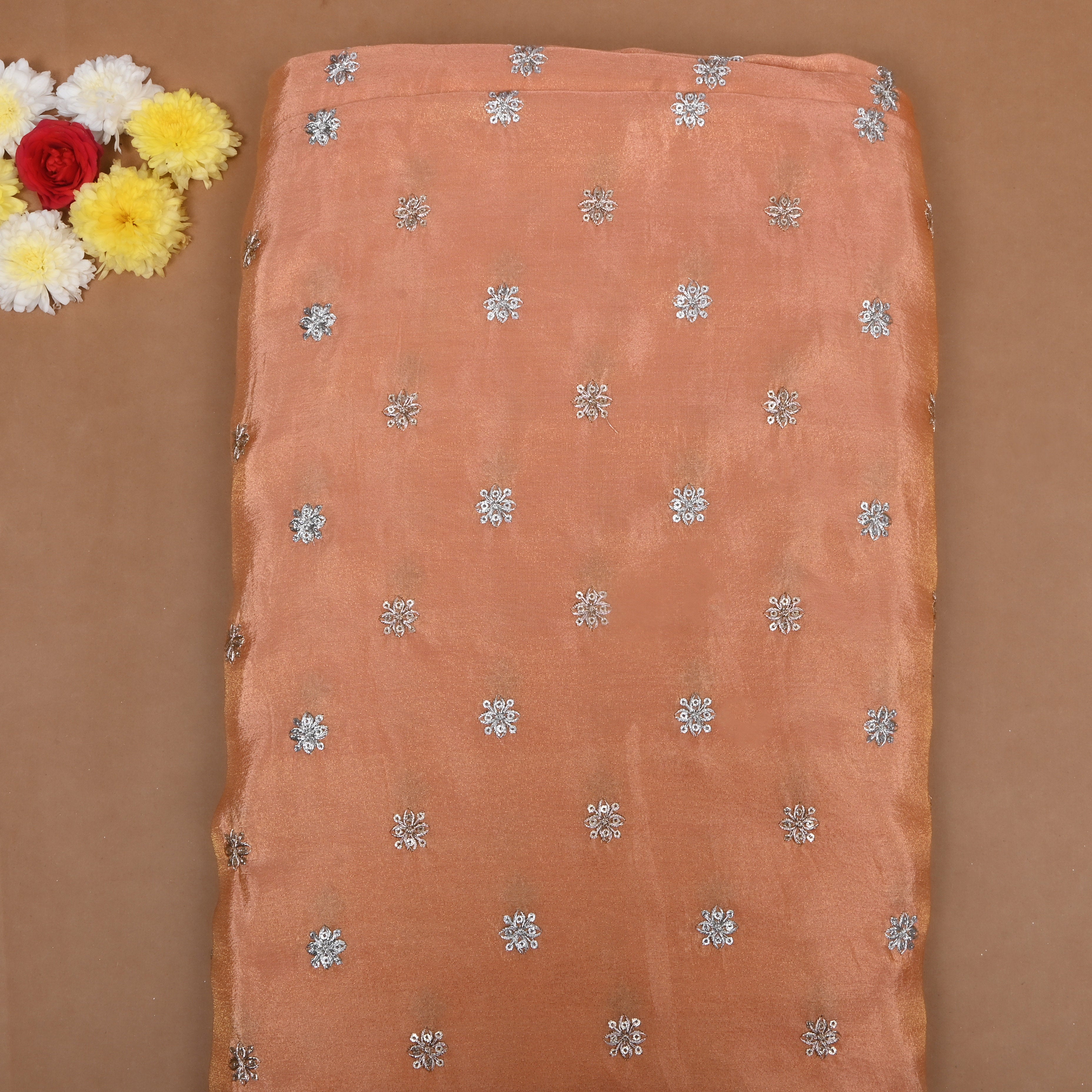 Pastel Peach Zari Embroidered Tissue Fabric