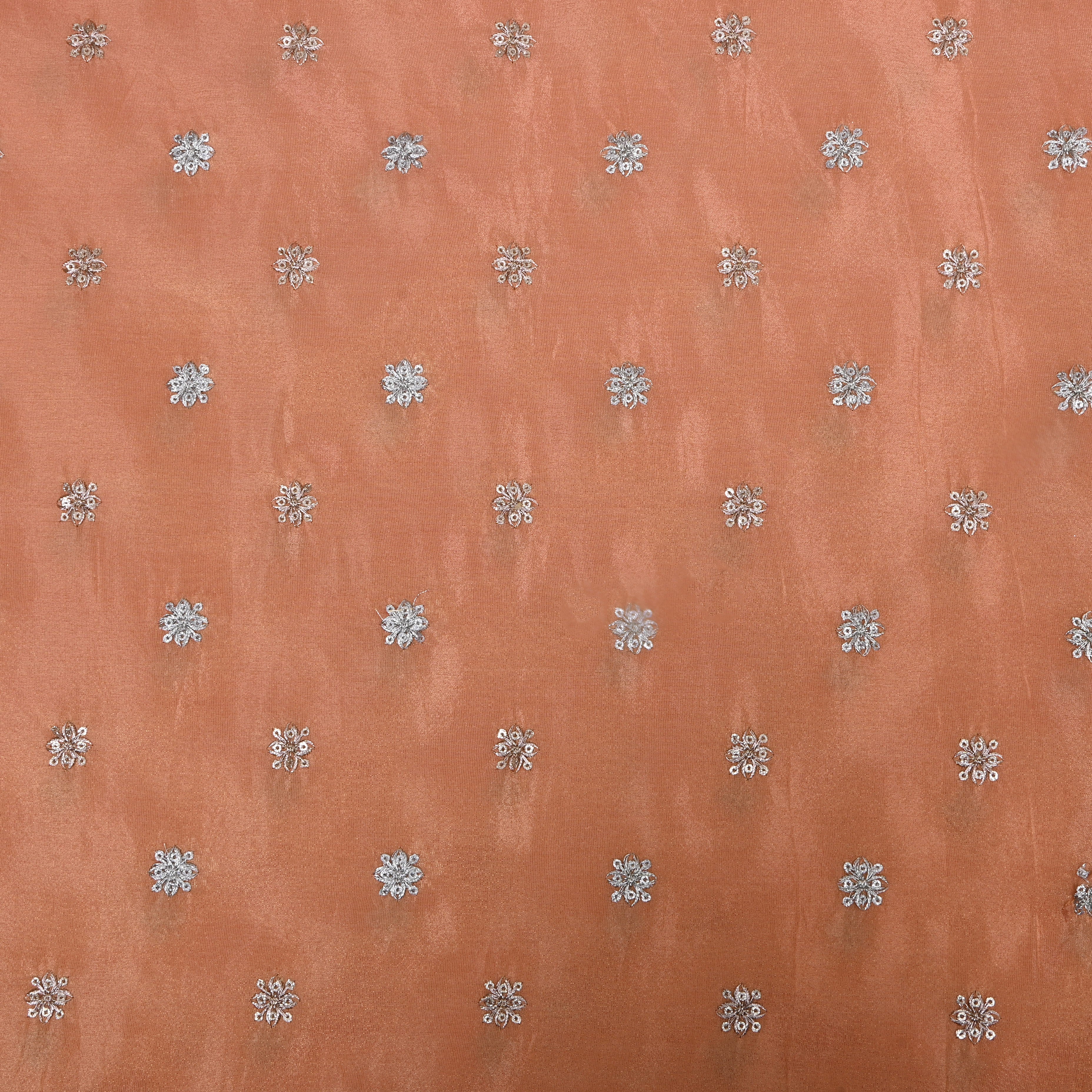 Pastel Peach Zari Embroidered Tissue Fabric