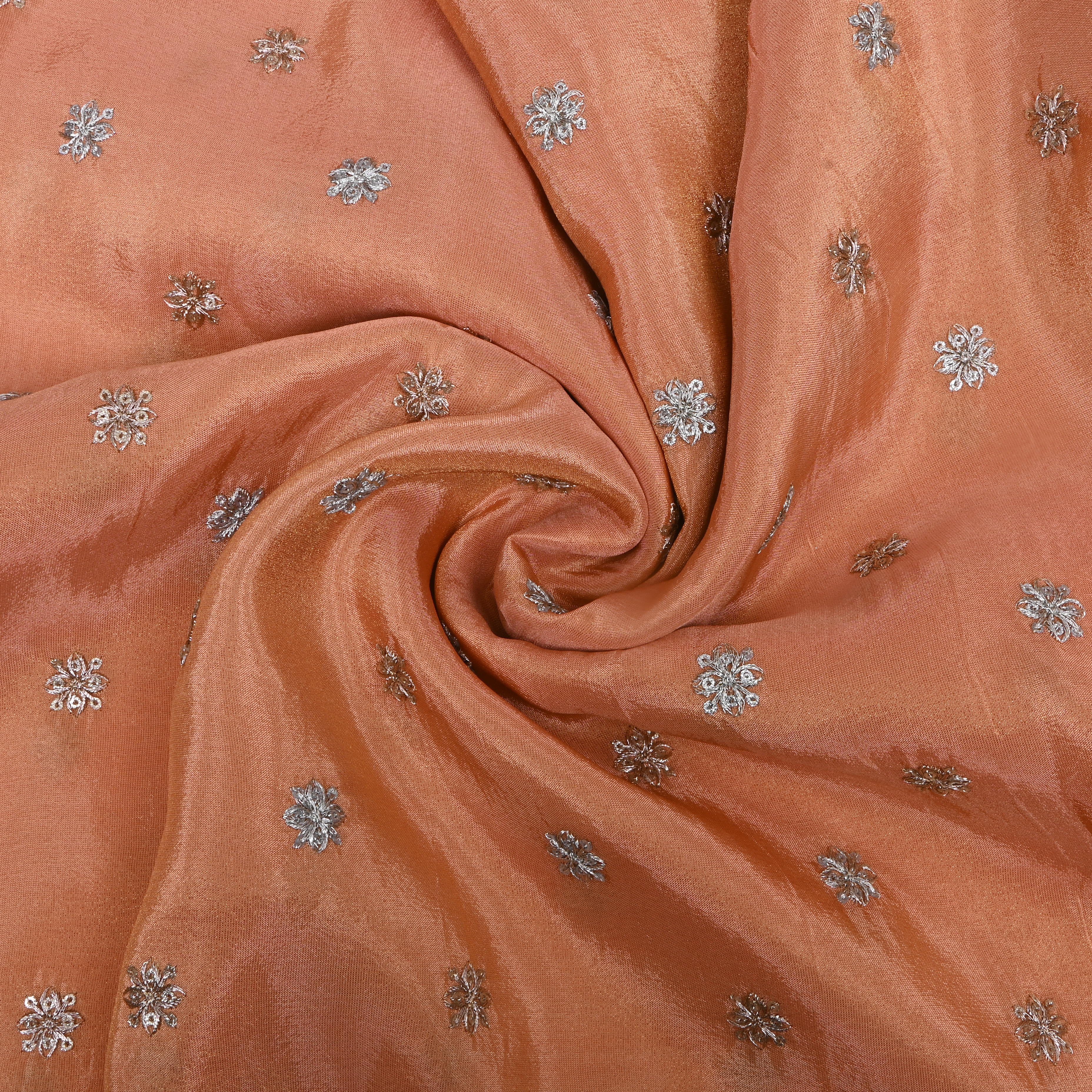 Pastel Peach Zari Embroidered Tissue Fabric