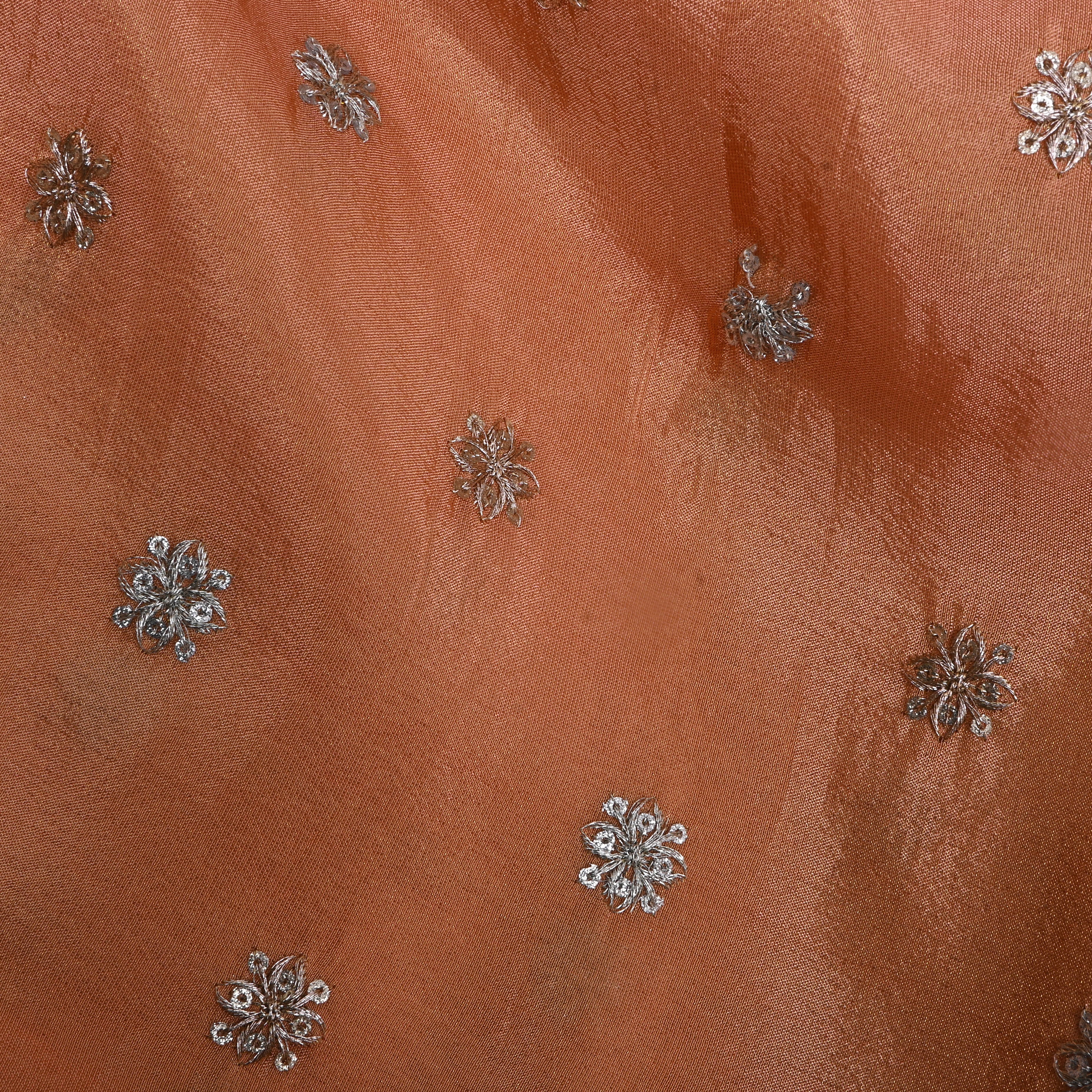 Pastel Peach Zari Embroidered Tissue Fabric
