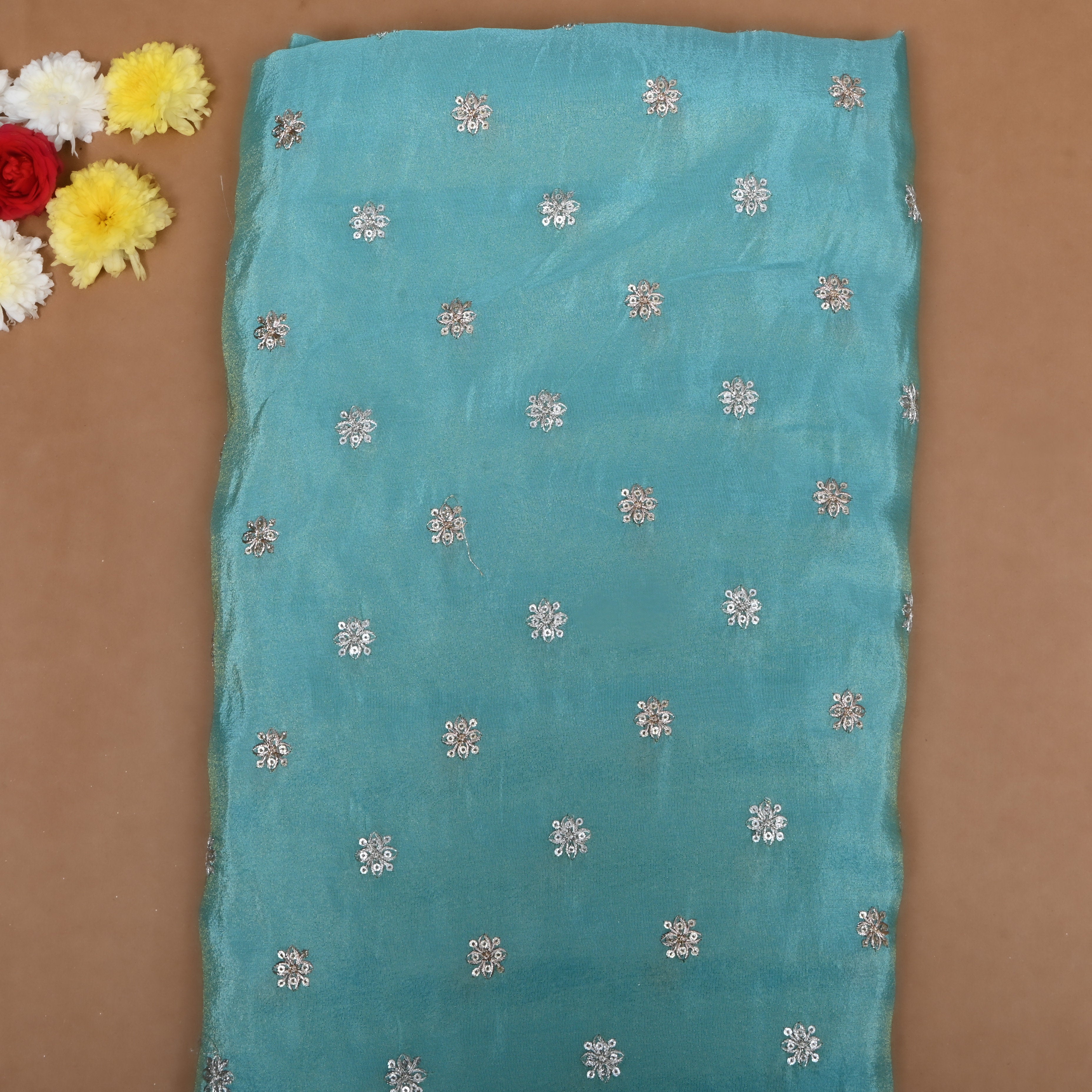 Turquoise Blue Zari Embroidered Tissue Fabric