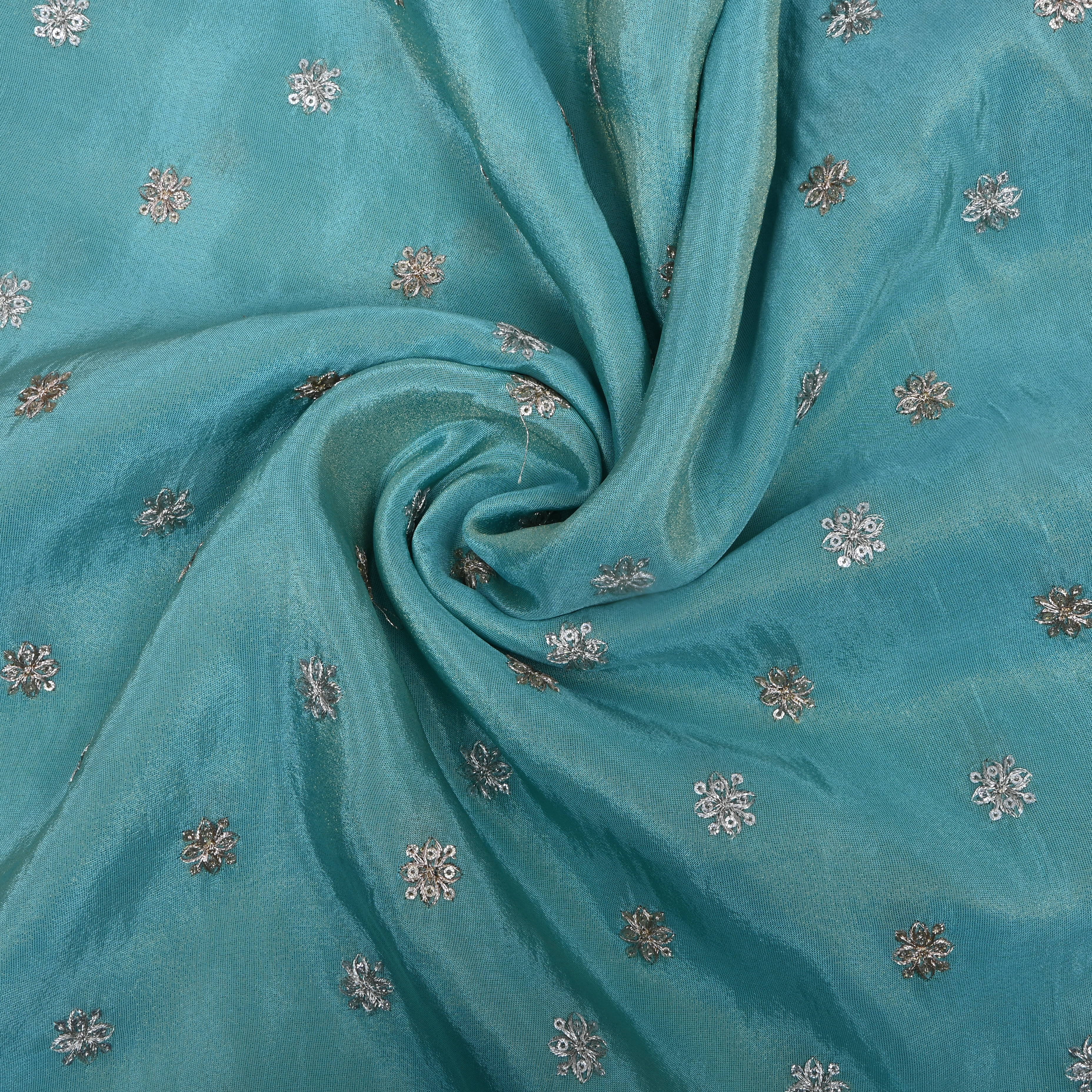 Turquoise Blue Zari Embroidered Tissue Fabric