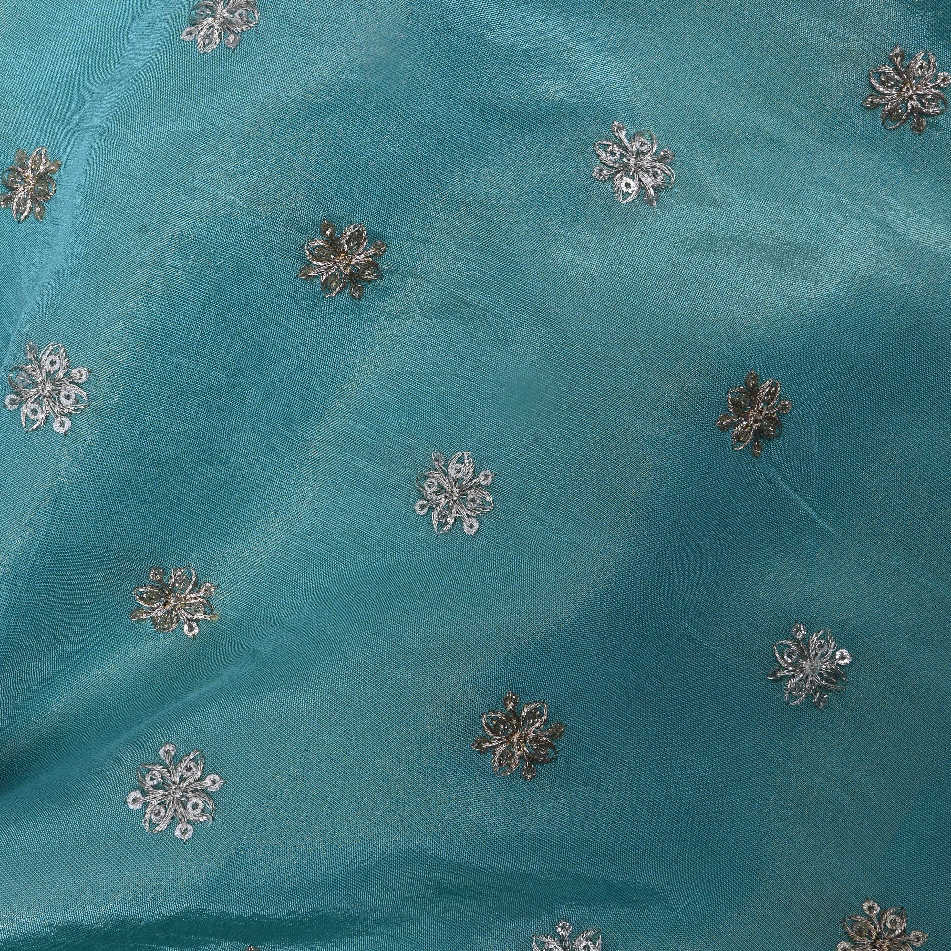 Turquoise Blue Zari Embroidered Tissue Fabric