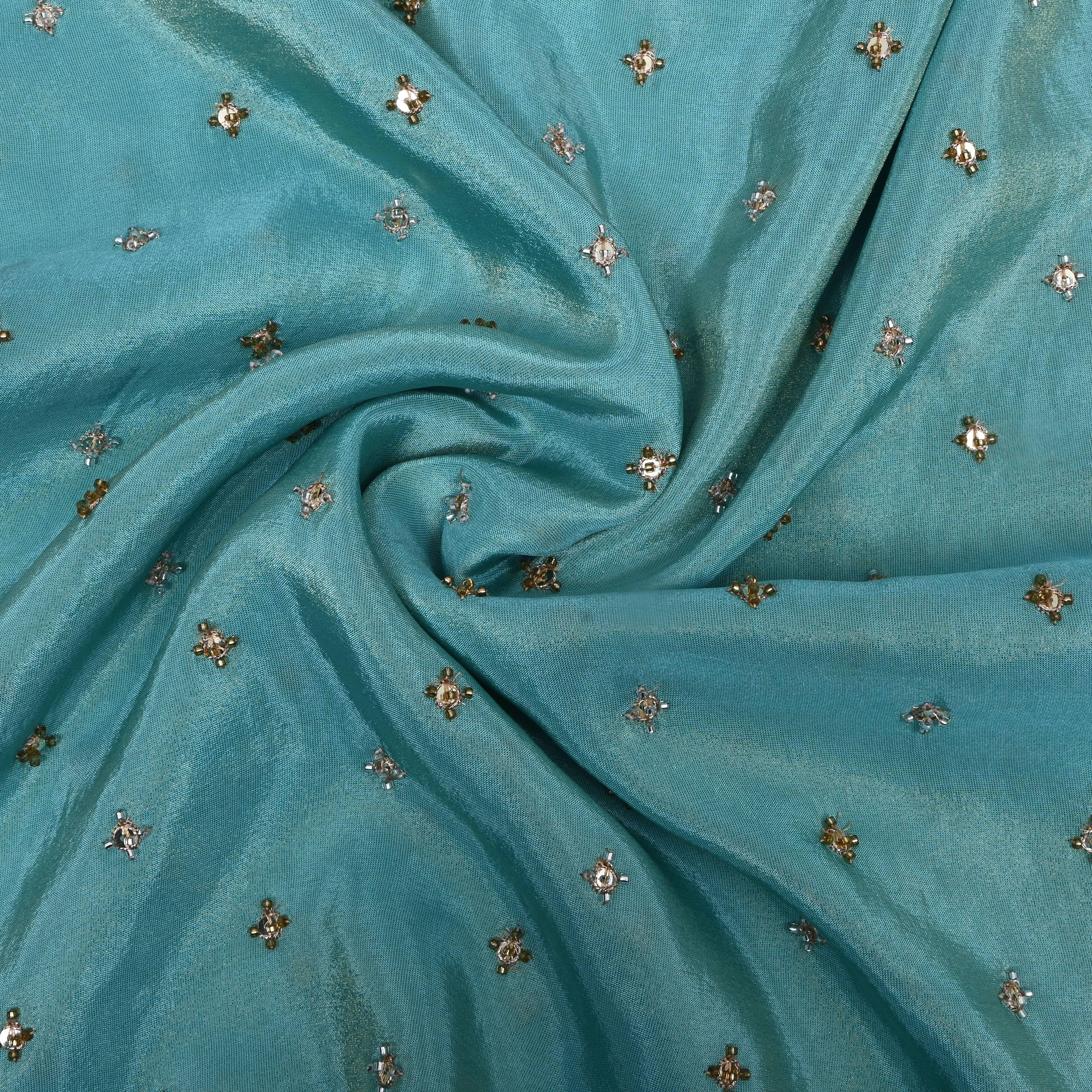 Turquoise Blue Bead Work Tissue Fabric
