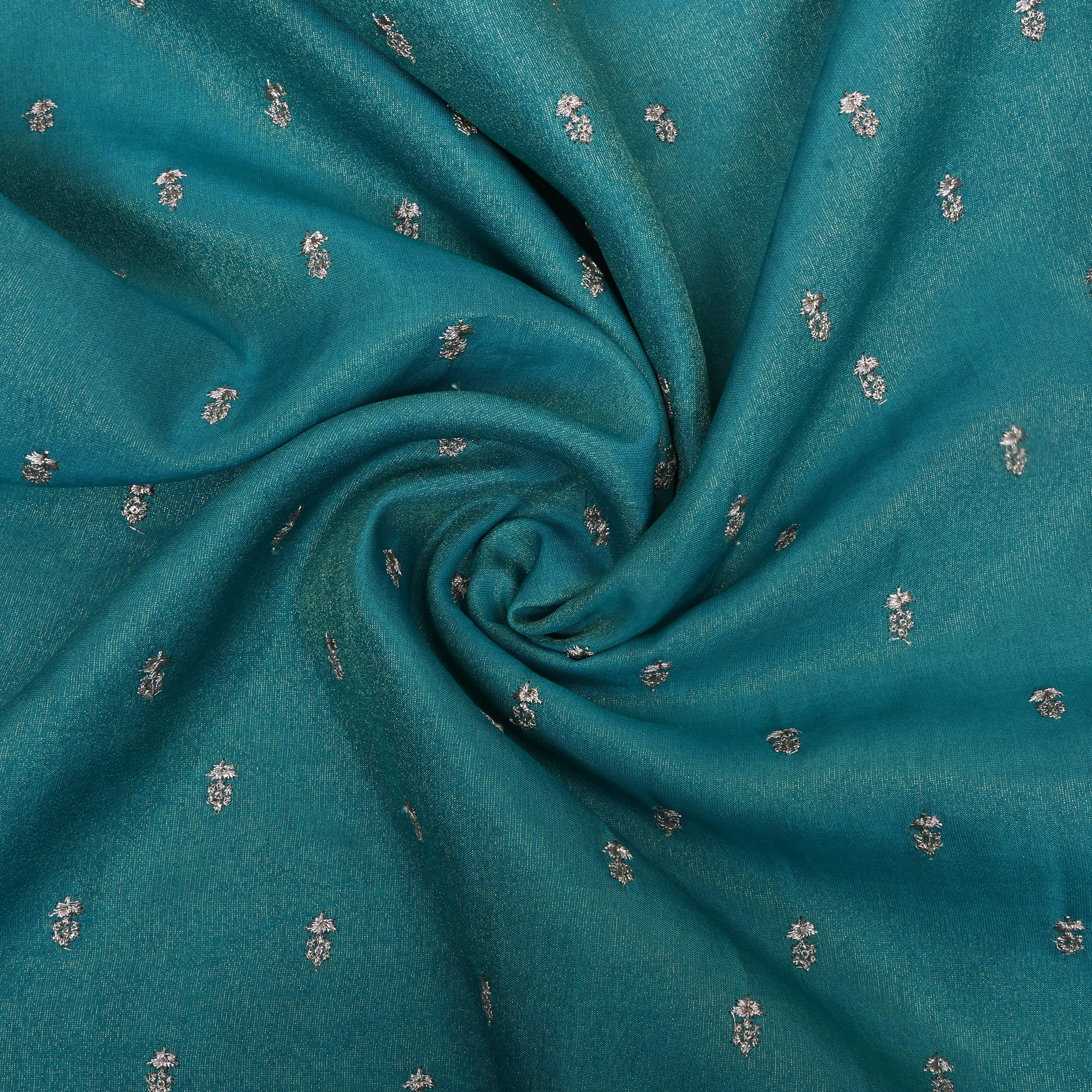 Teal Blue Embroidered Floral Tissue Fabric