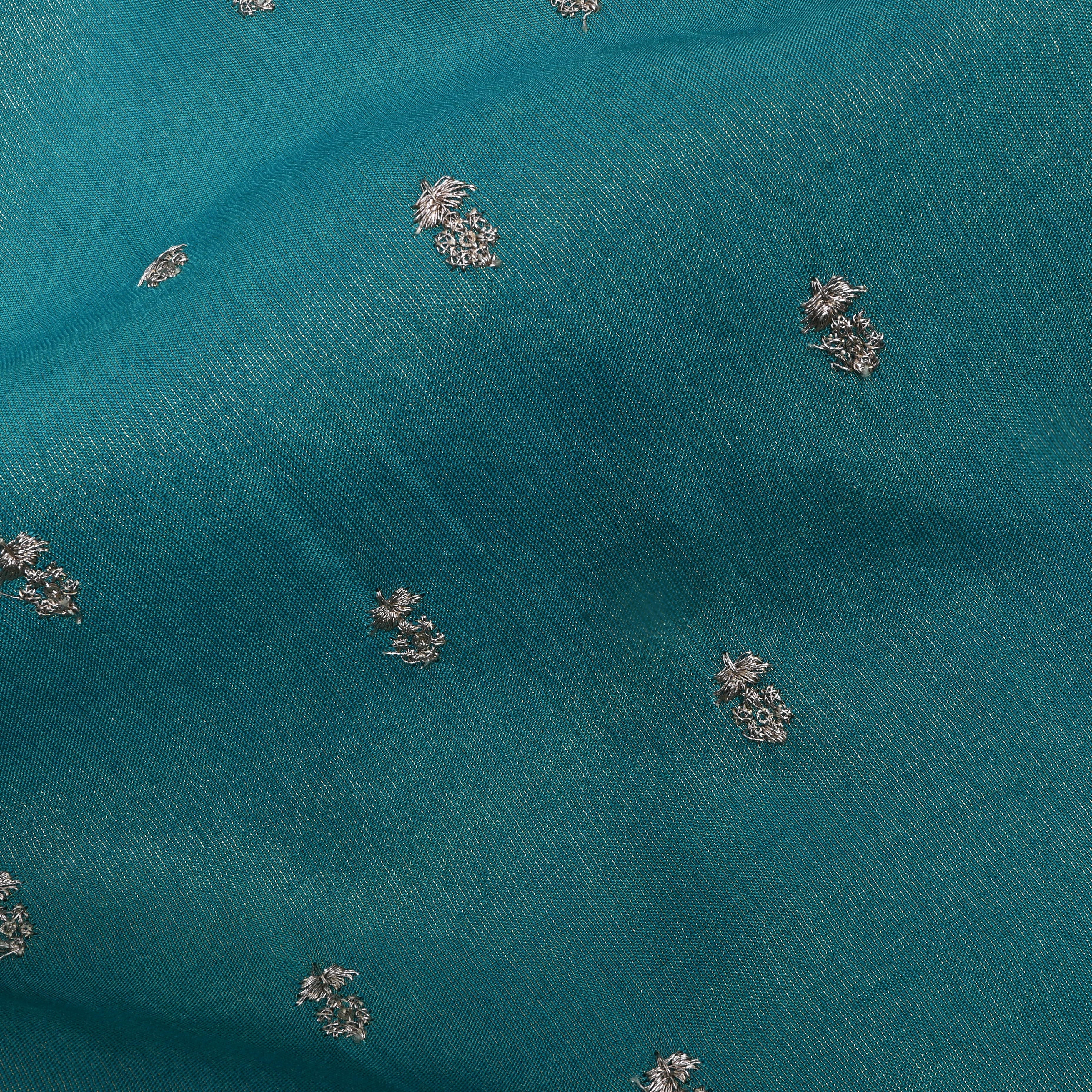Teal Blue Embroidered Floral Tissue Fabric