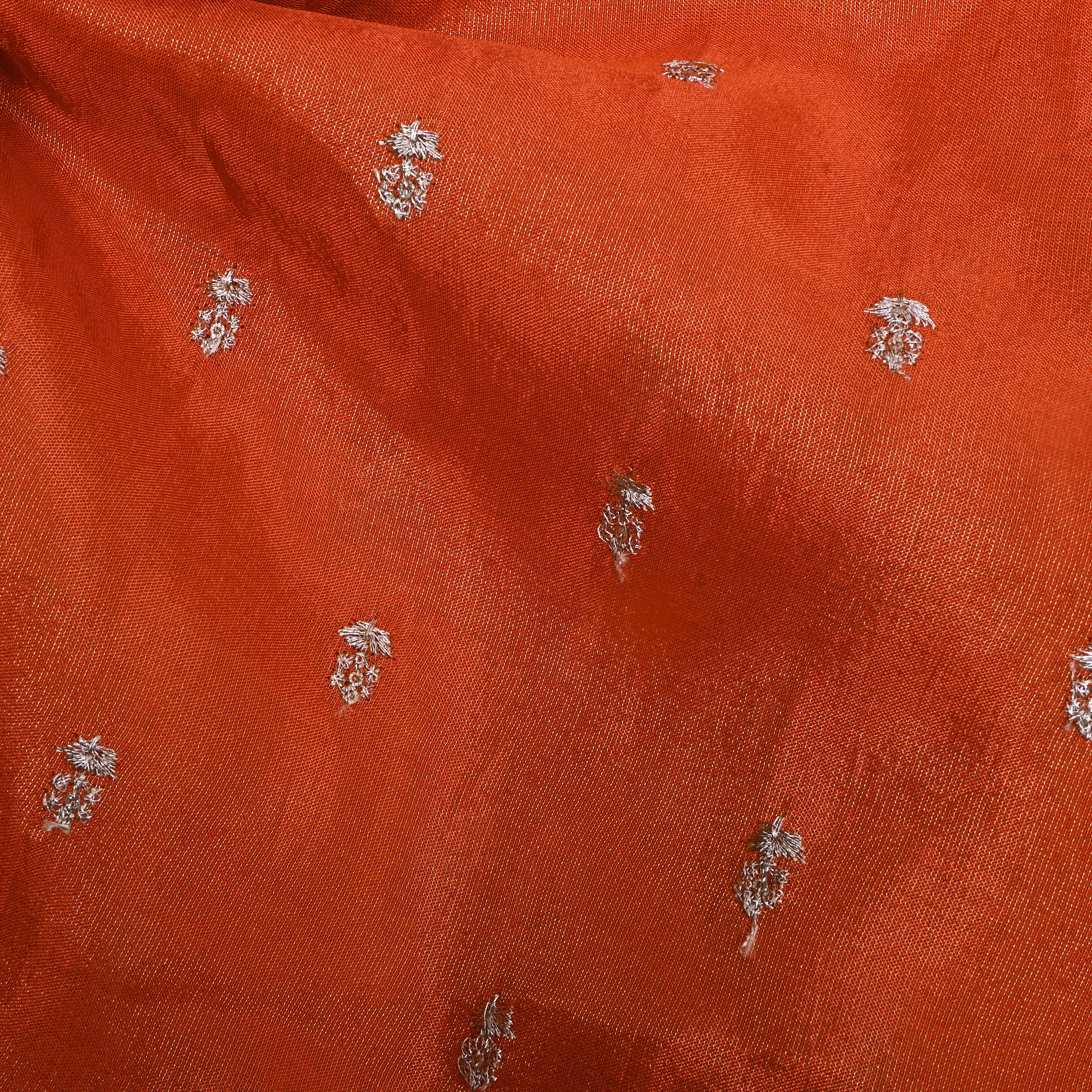 Bright Orange Floral Embroidered Tissue Fabric