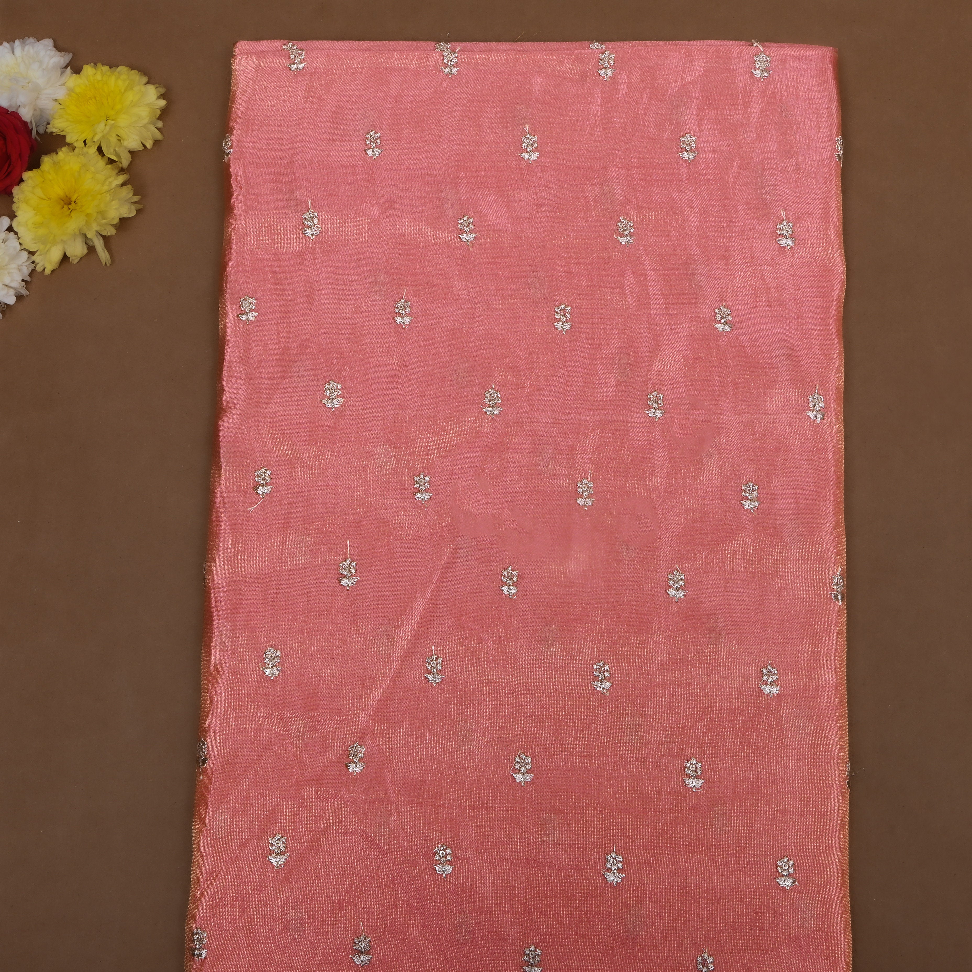 Flamingo Pink Embroidered Floral Tissue Fabric