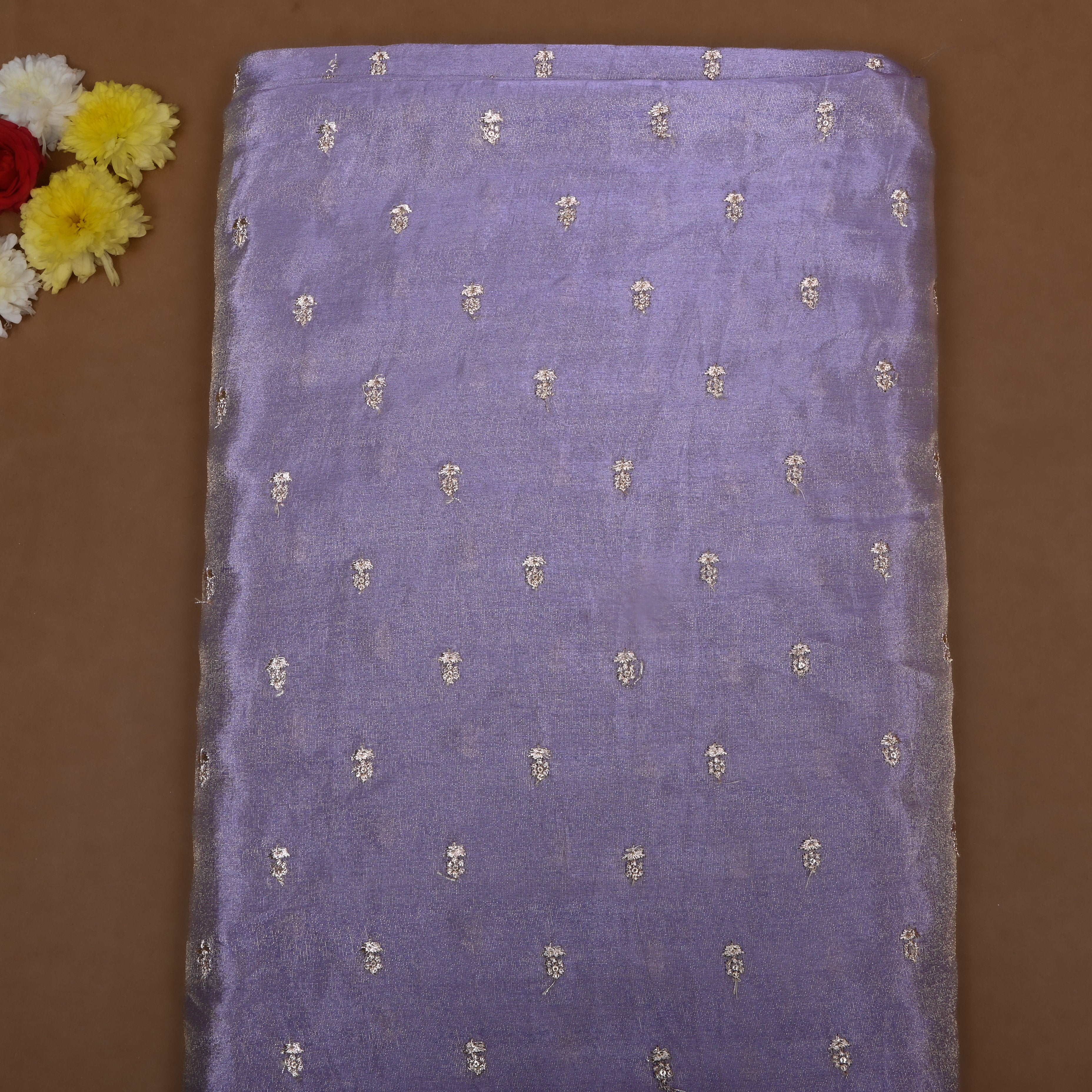 Mauve Purple Embroidered Floral Tissue Fabric