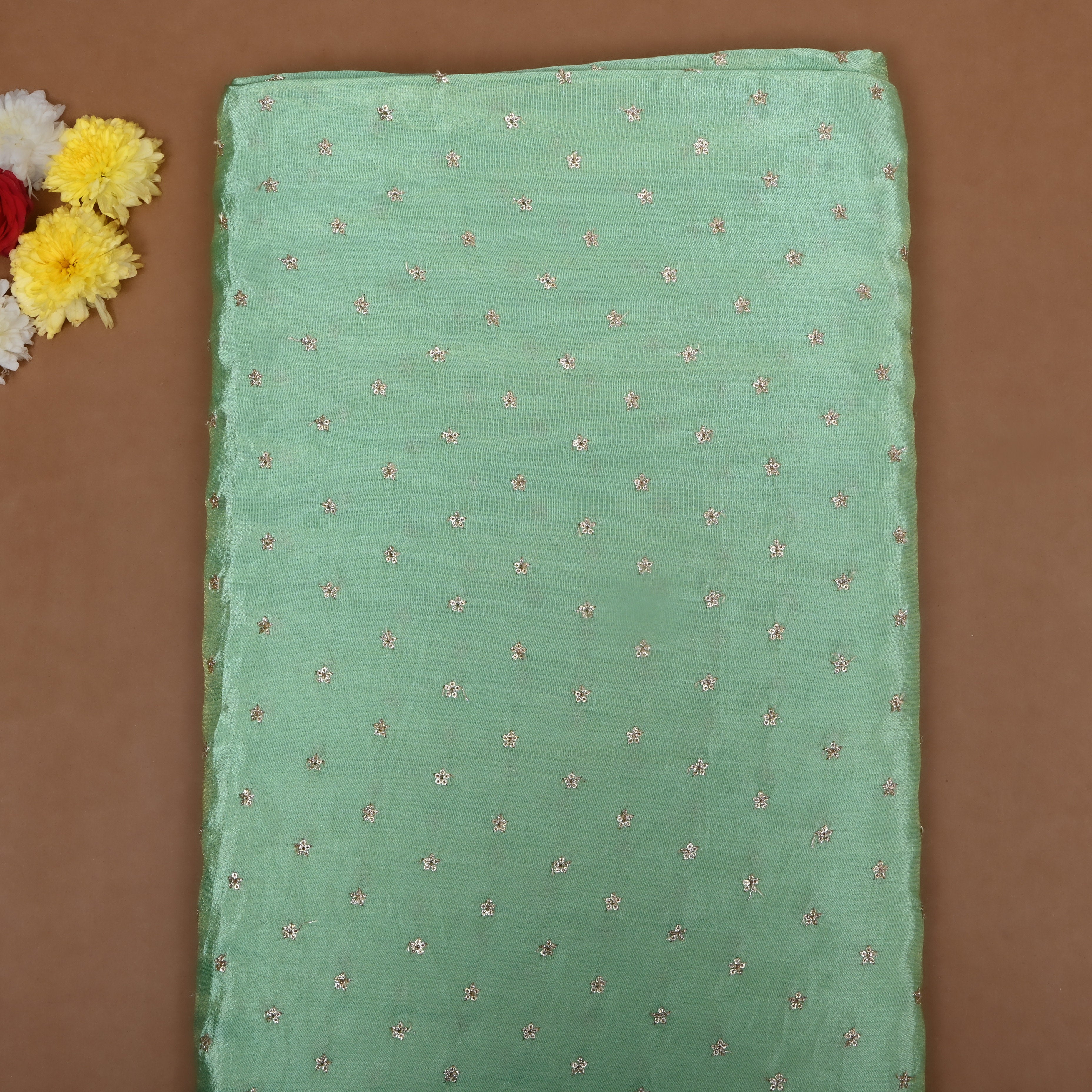 Mint Green Floral Embroidered Tissue Fabric
