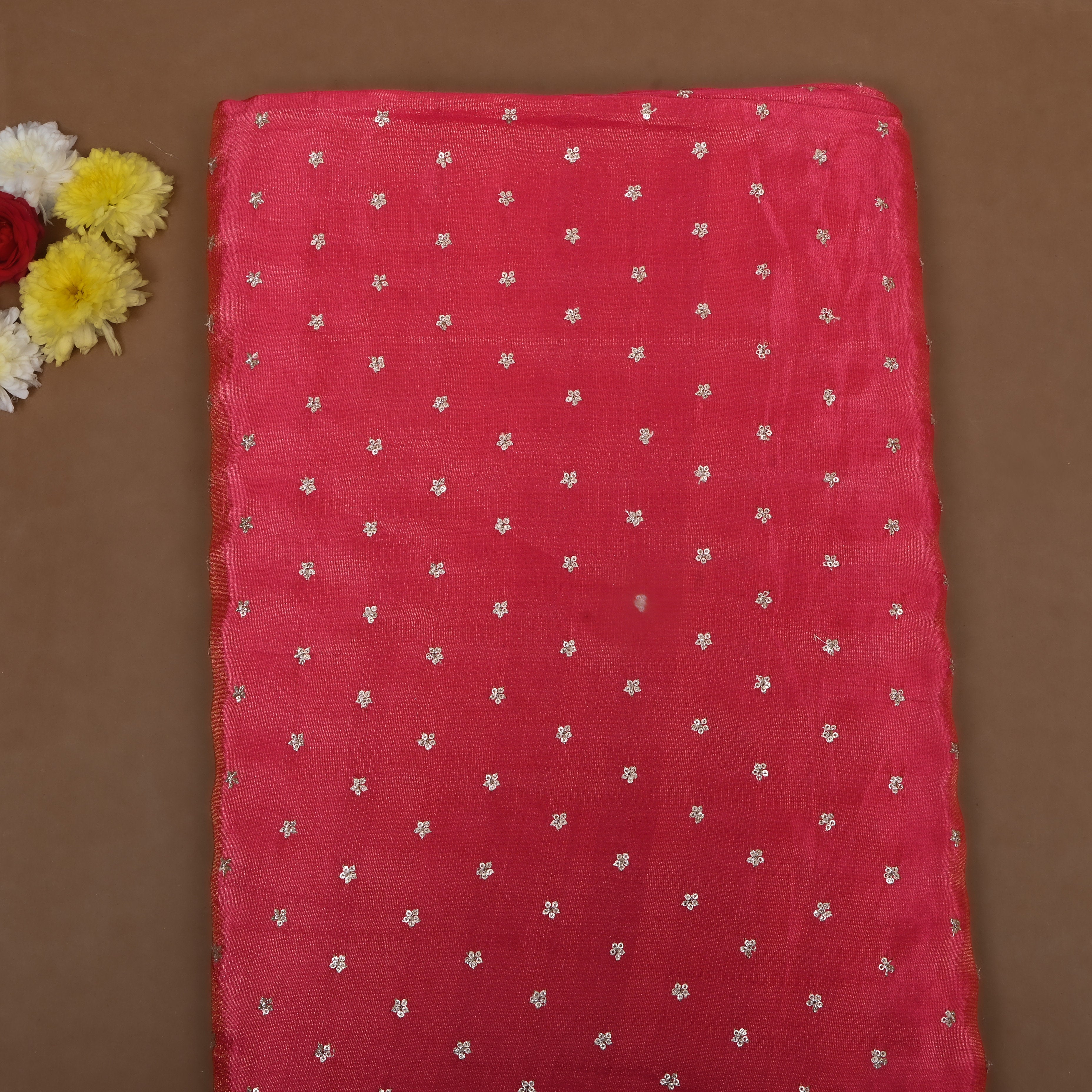 Crimson Pink Floral Embroidered Tissue Fabric