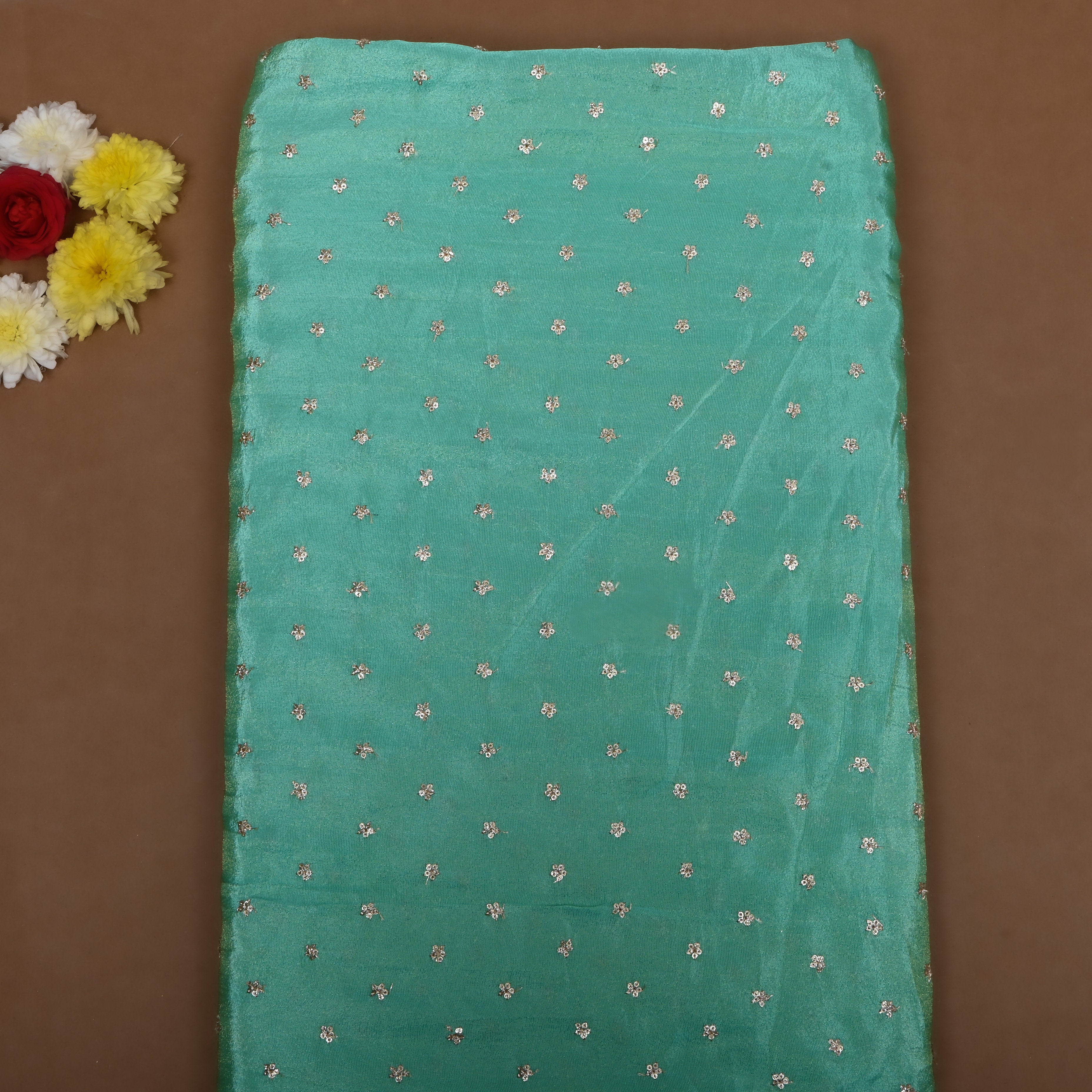 Mint Blue Floral Embroidered Tissue Fabric