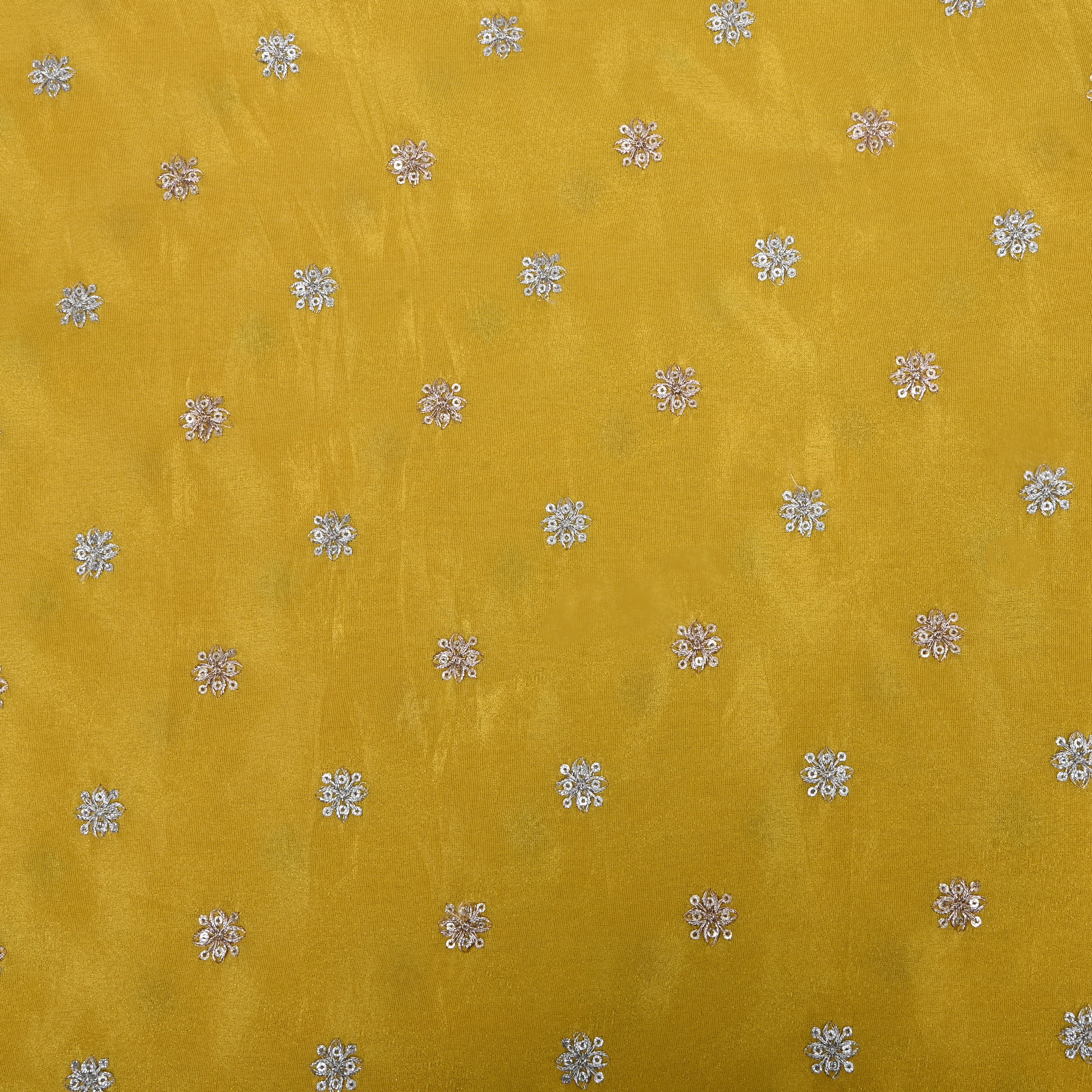 Bright Yellow Zari Embroidered Tissue Fabric