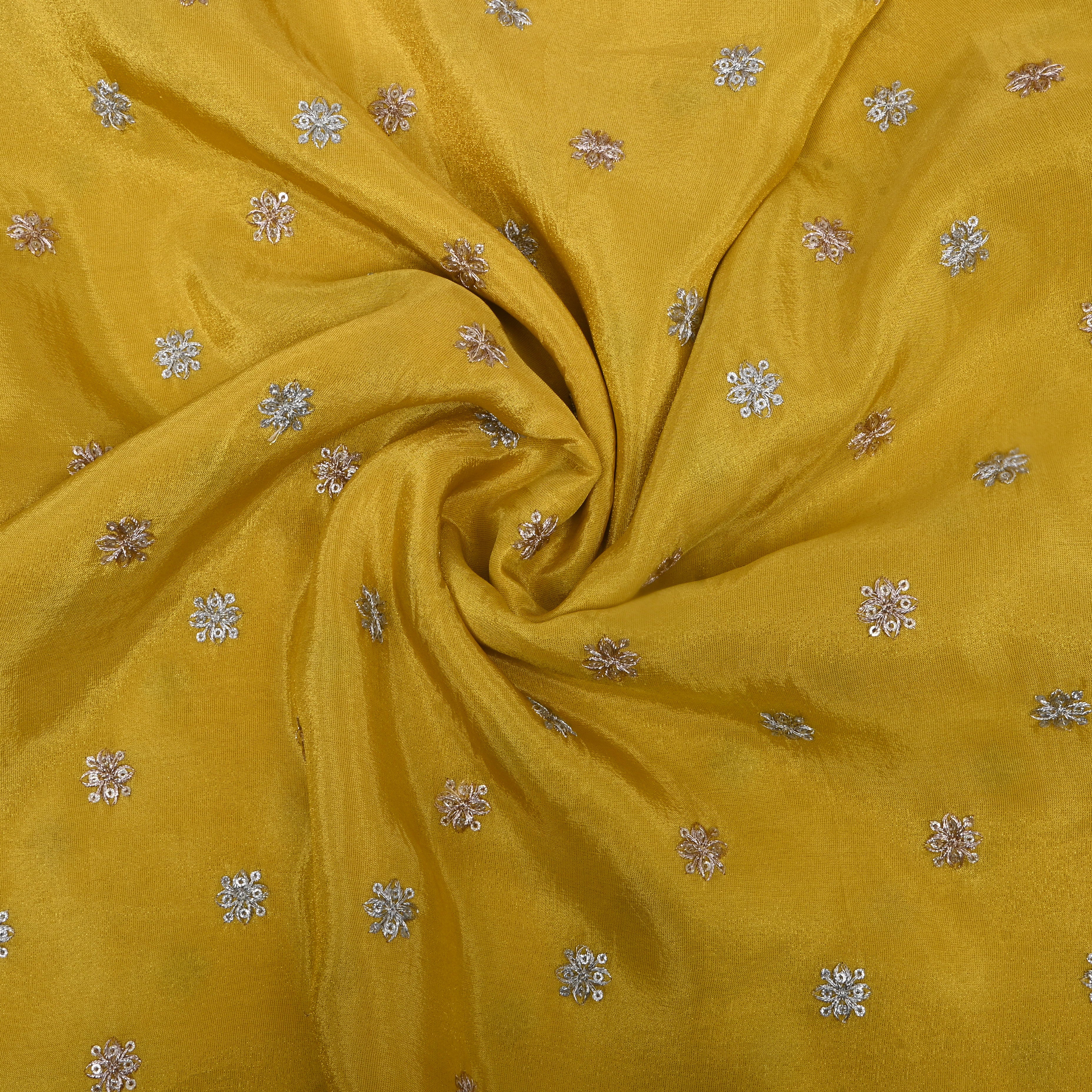 Bright Yellow Zari Embroidered Tissue Fabric
