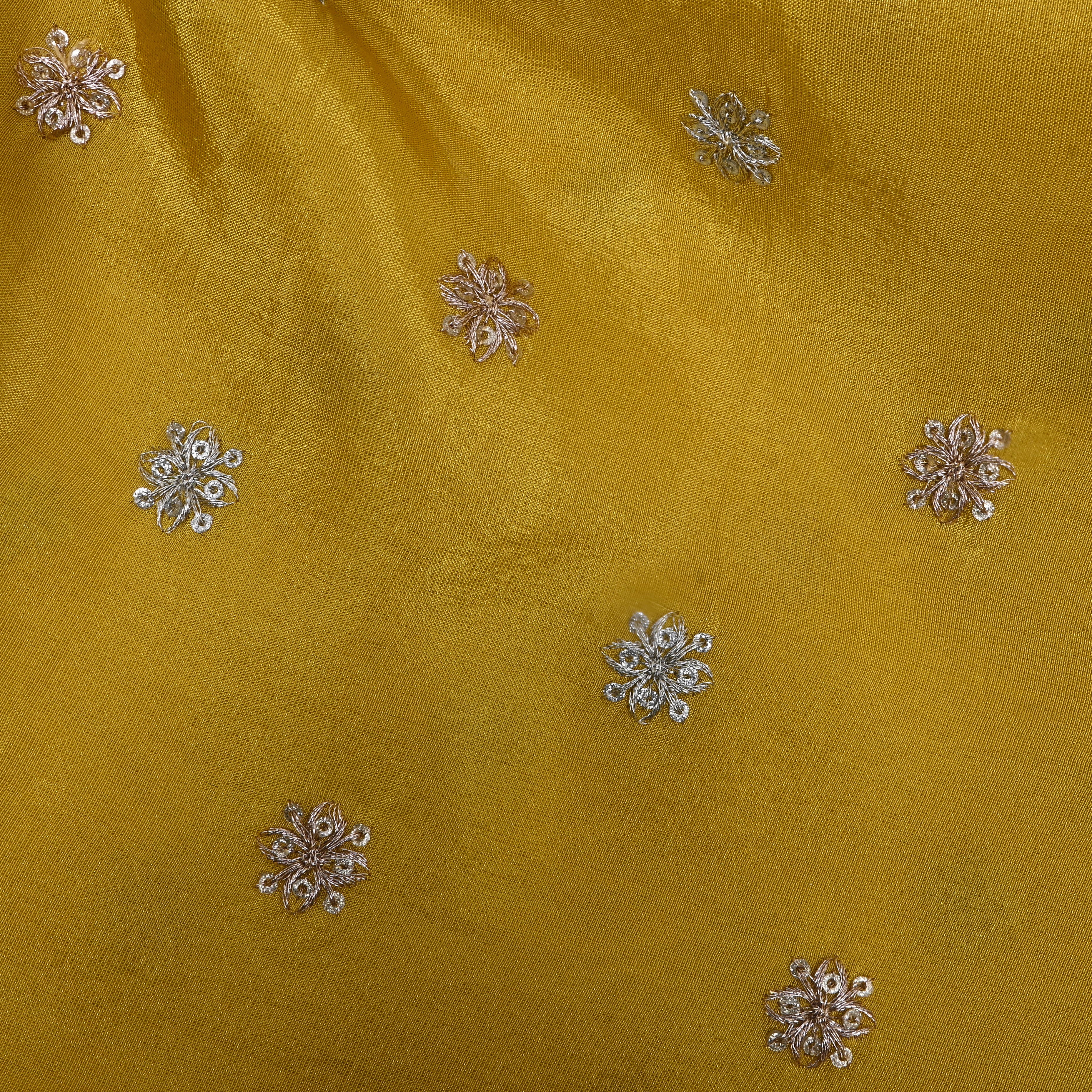 Bright Yellow Zari Embroidered Tissue Fabric