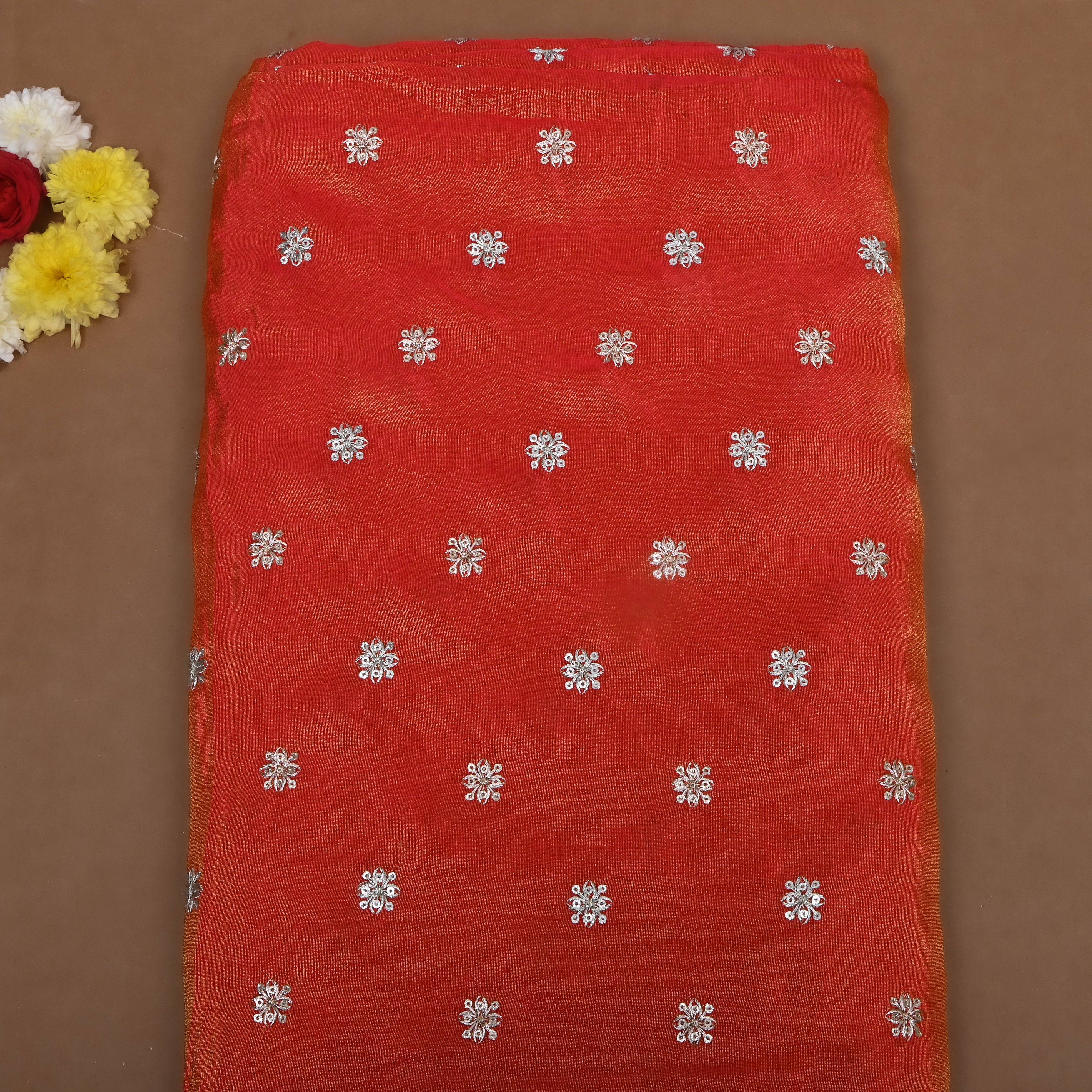 Bright Orange Zari Embroidered Tissue Fabric