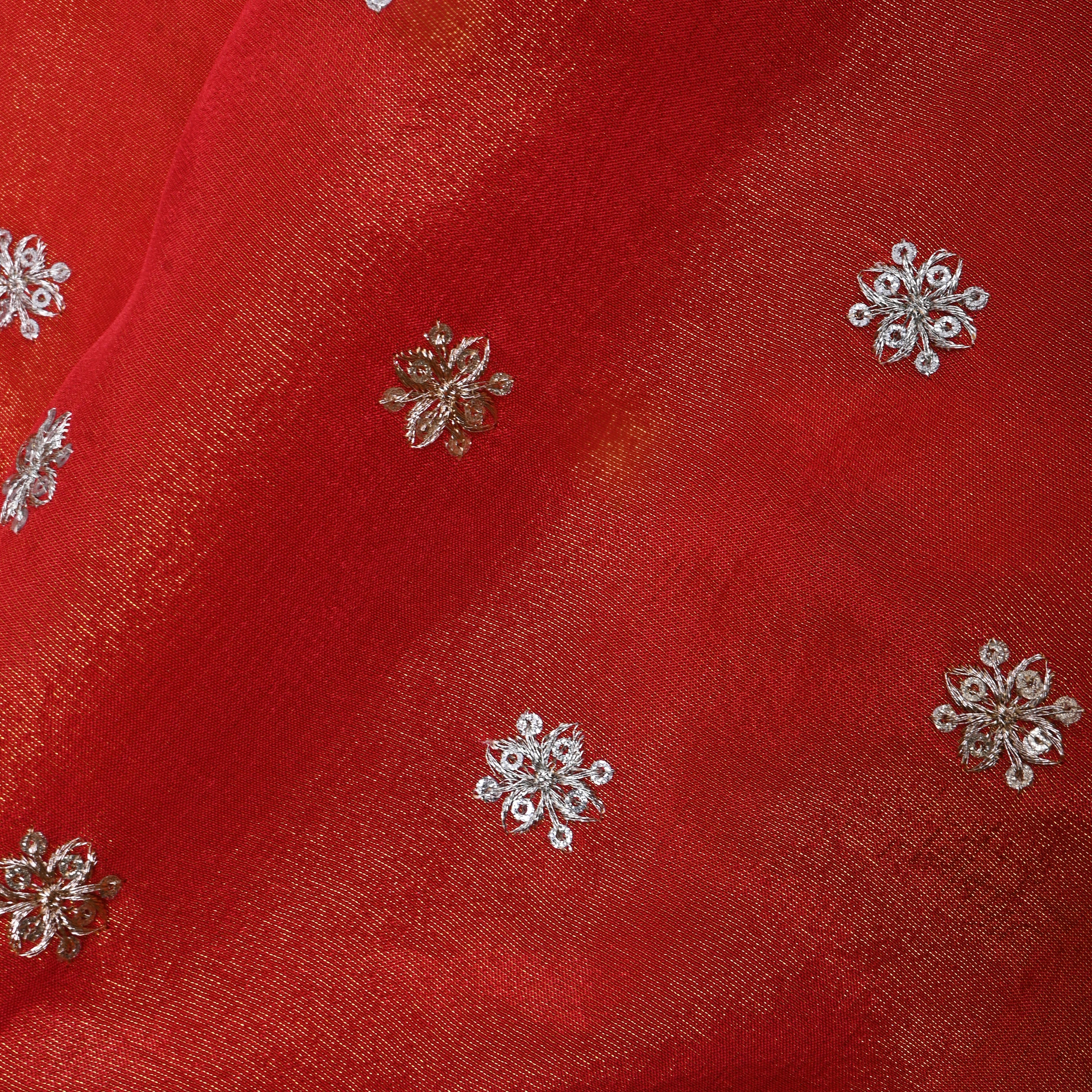 Bright Orange Zari Embroidered Tissue Fabric