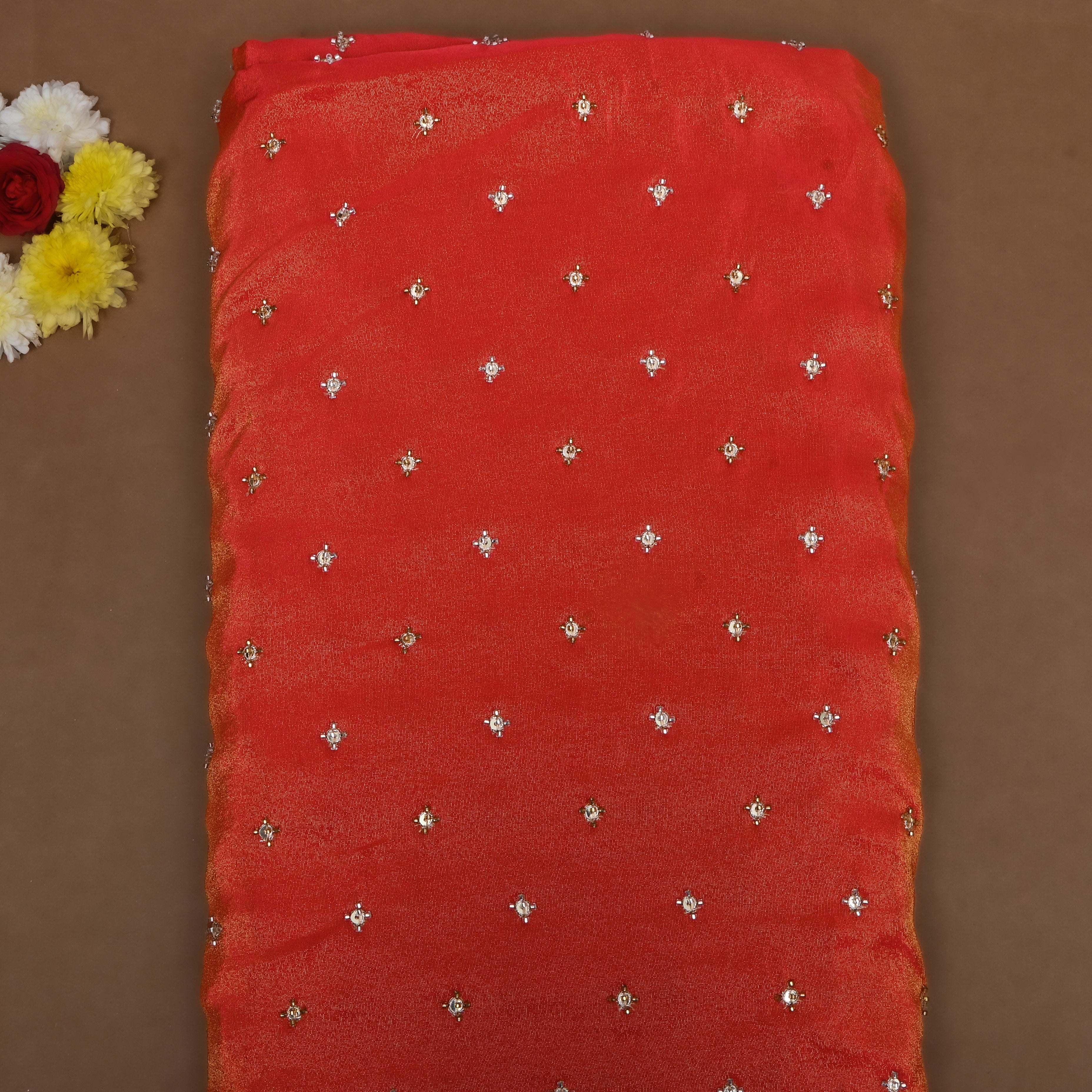 Dark Orange Bead Work Tissue Fabric