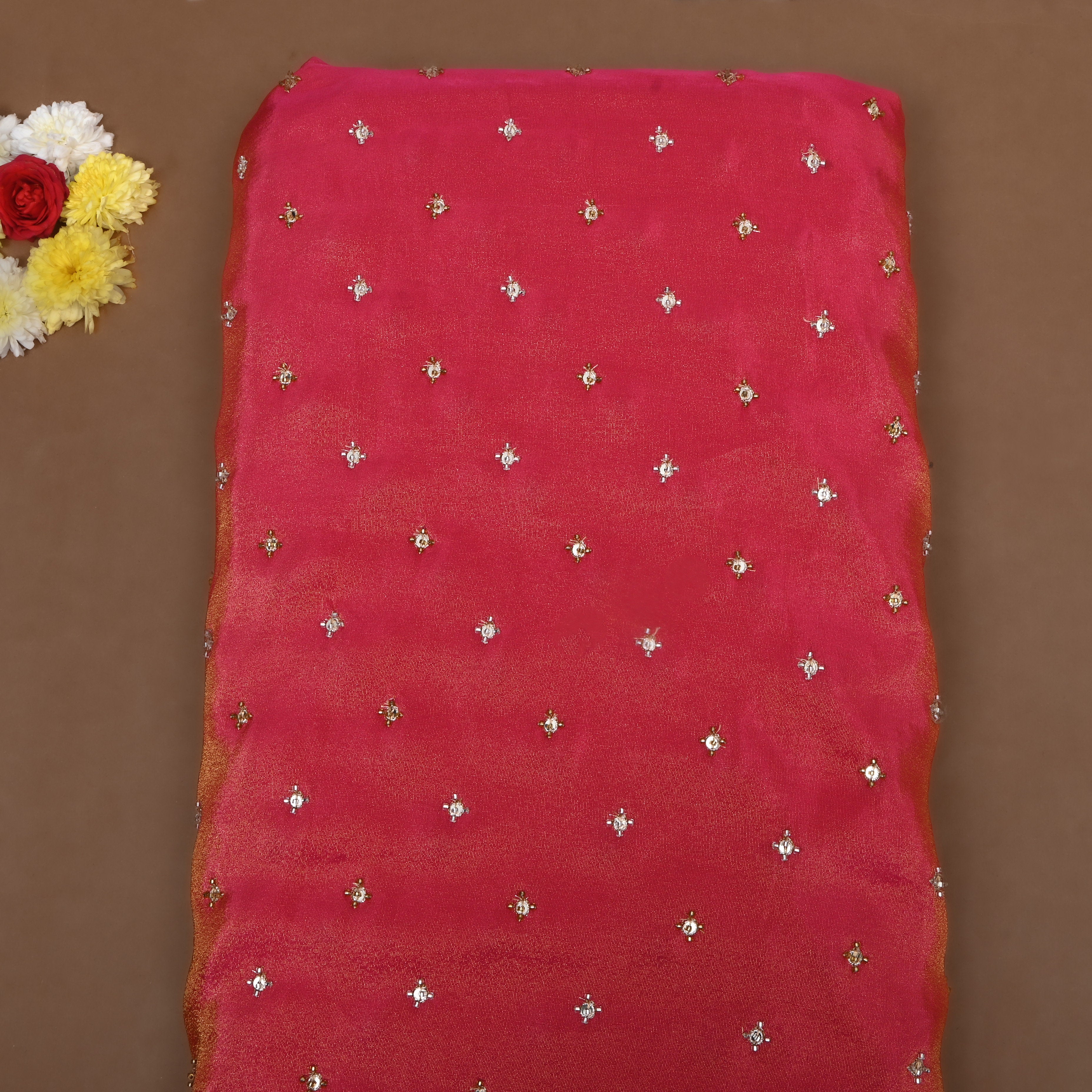 Deep Berry Pink Beadwork Tissue Fabric