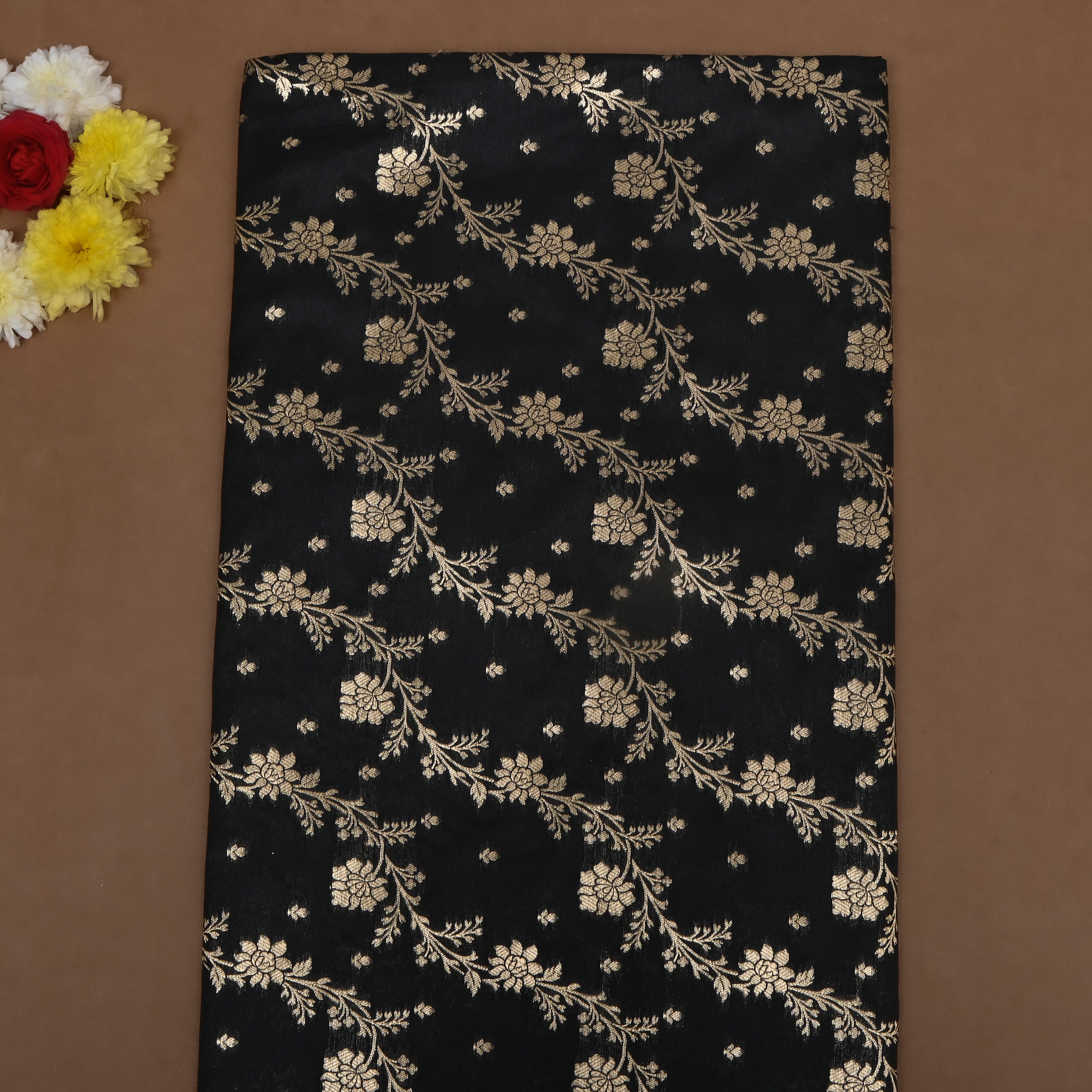 Solid Black Zari Jangla On Banarasi Silk Fabric