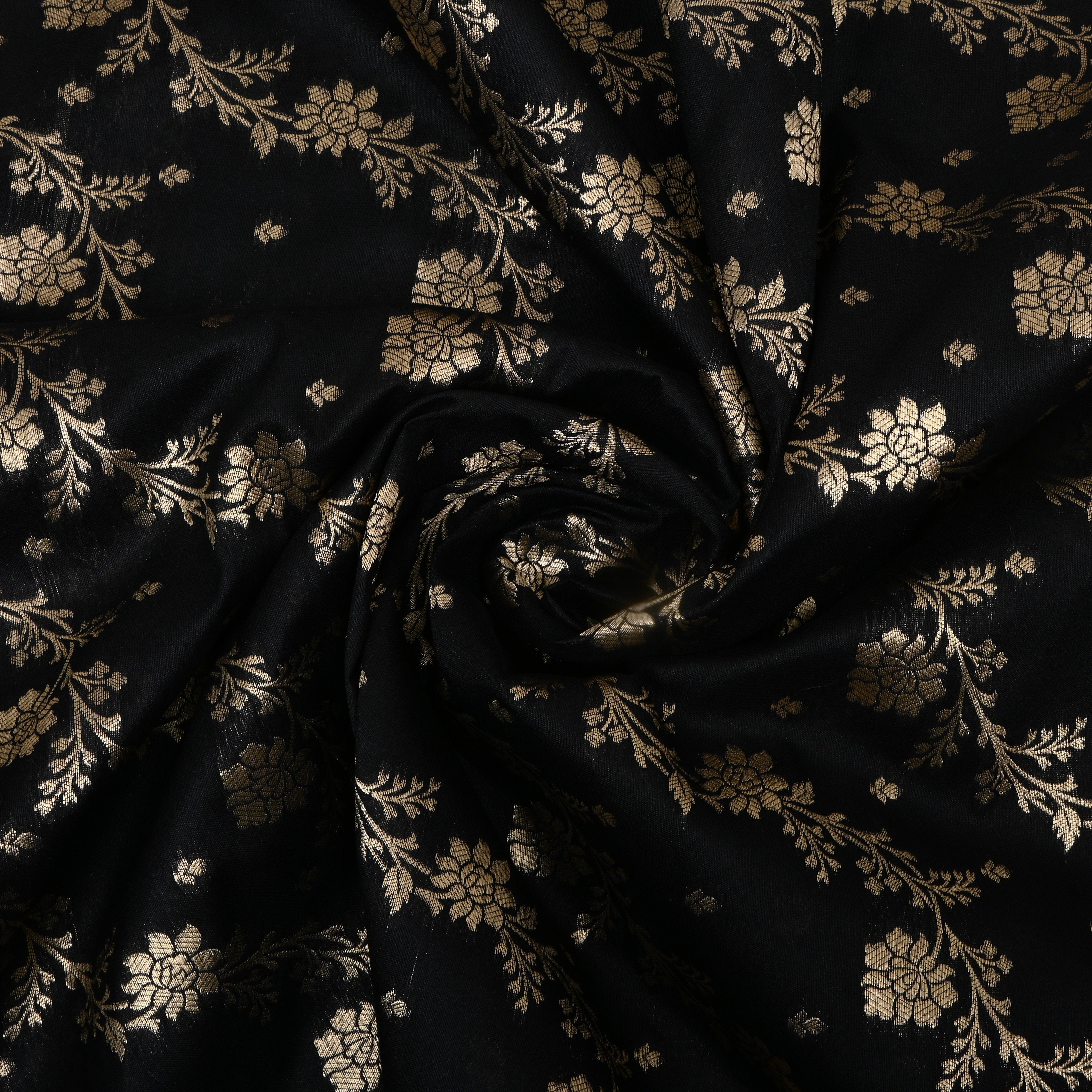 Solid Black Zari Jangla On Banarasi Silk Fabric