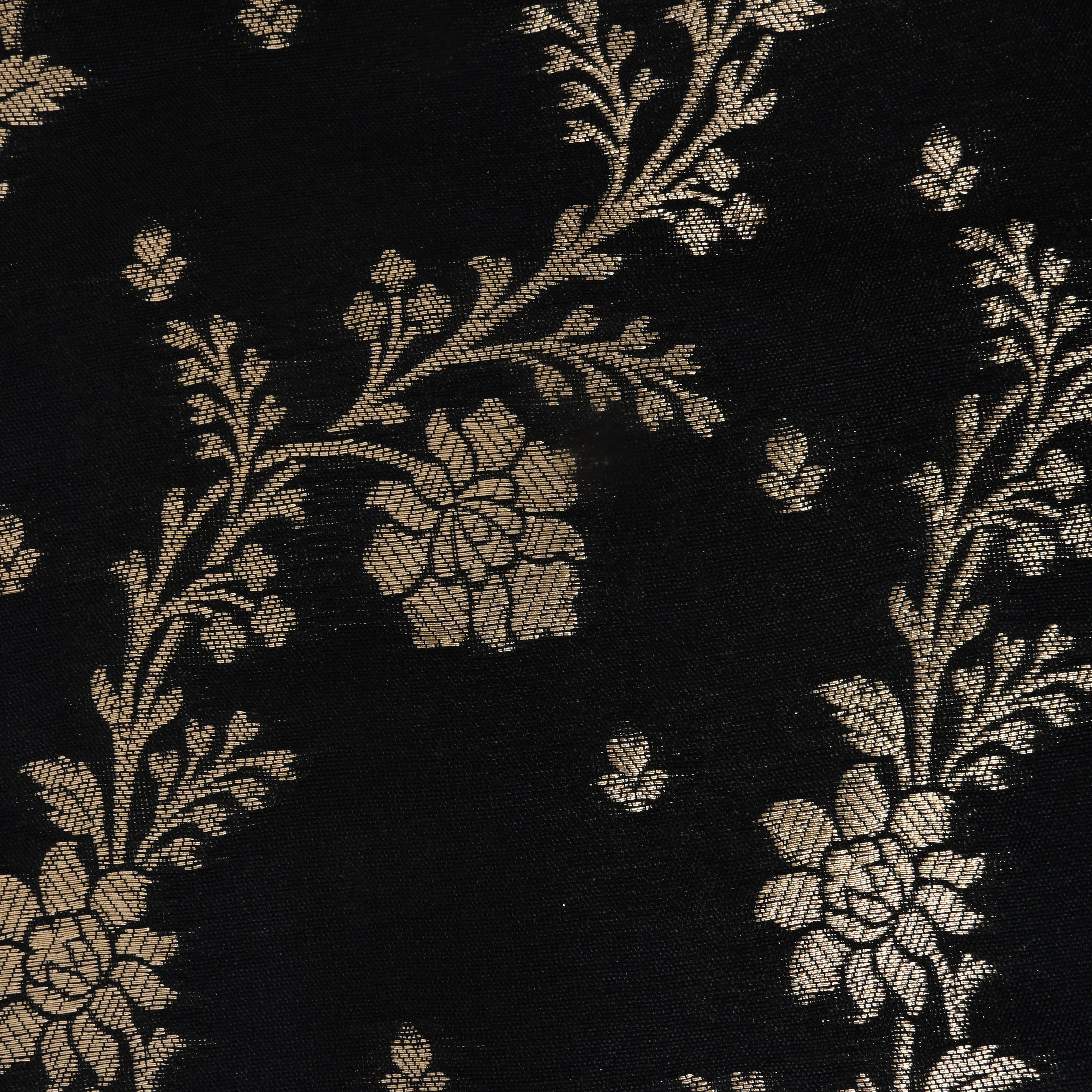 Solid Black Zari Jangla On Banarasi Silk Fabric