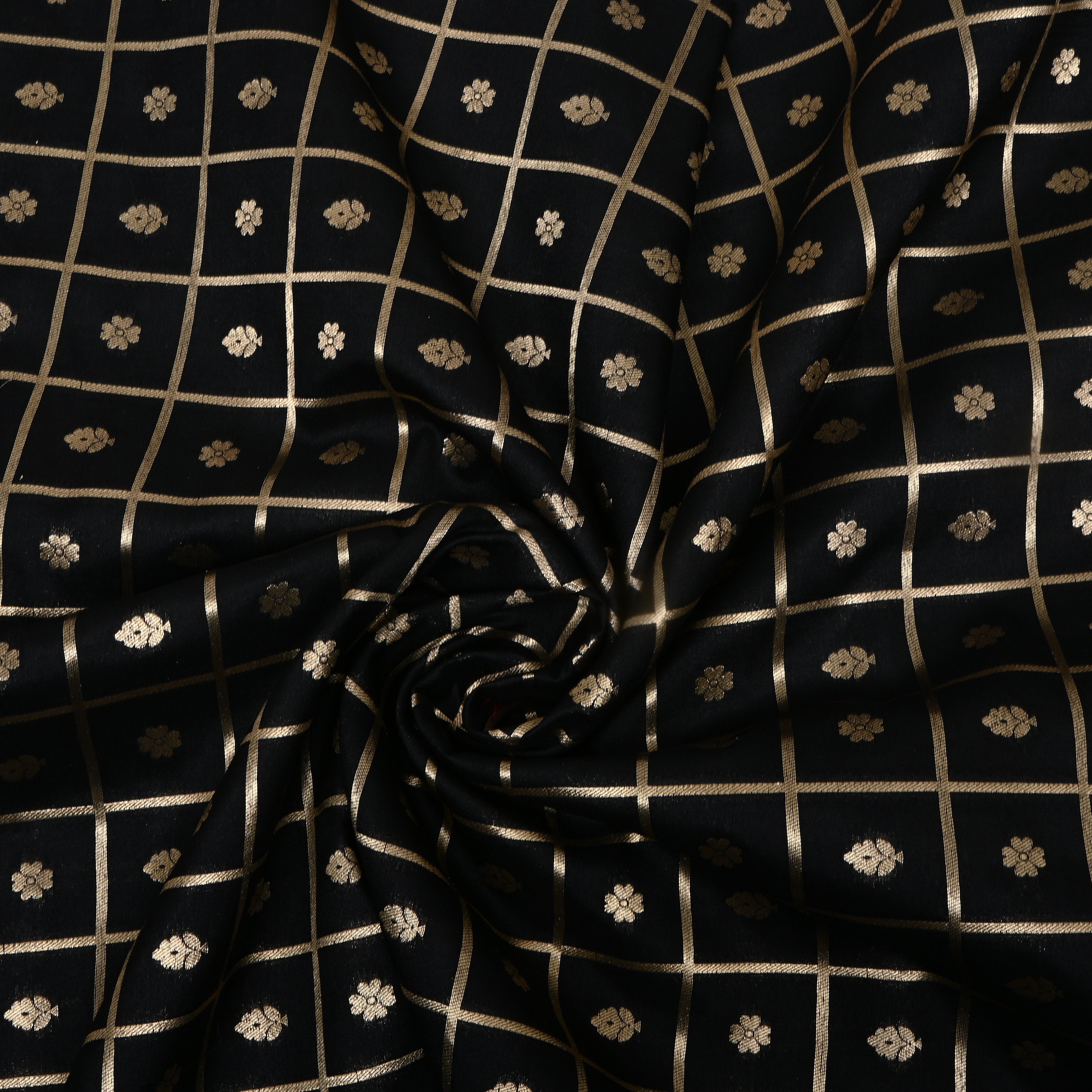 Black Floral Zari Jamawar Silk Fabric