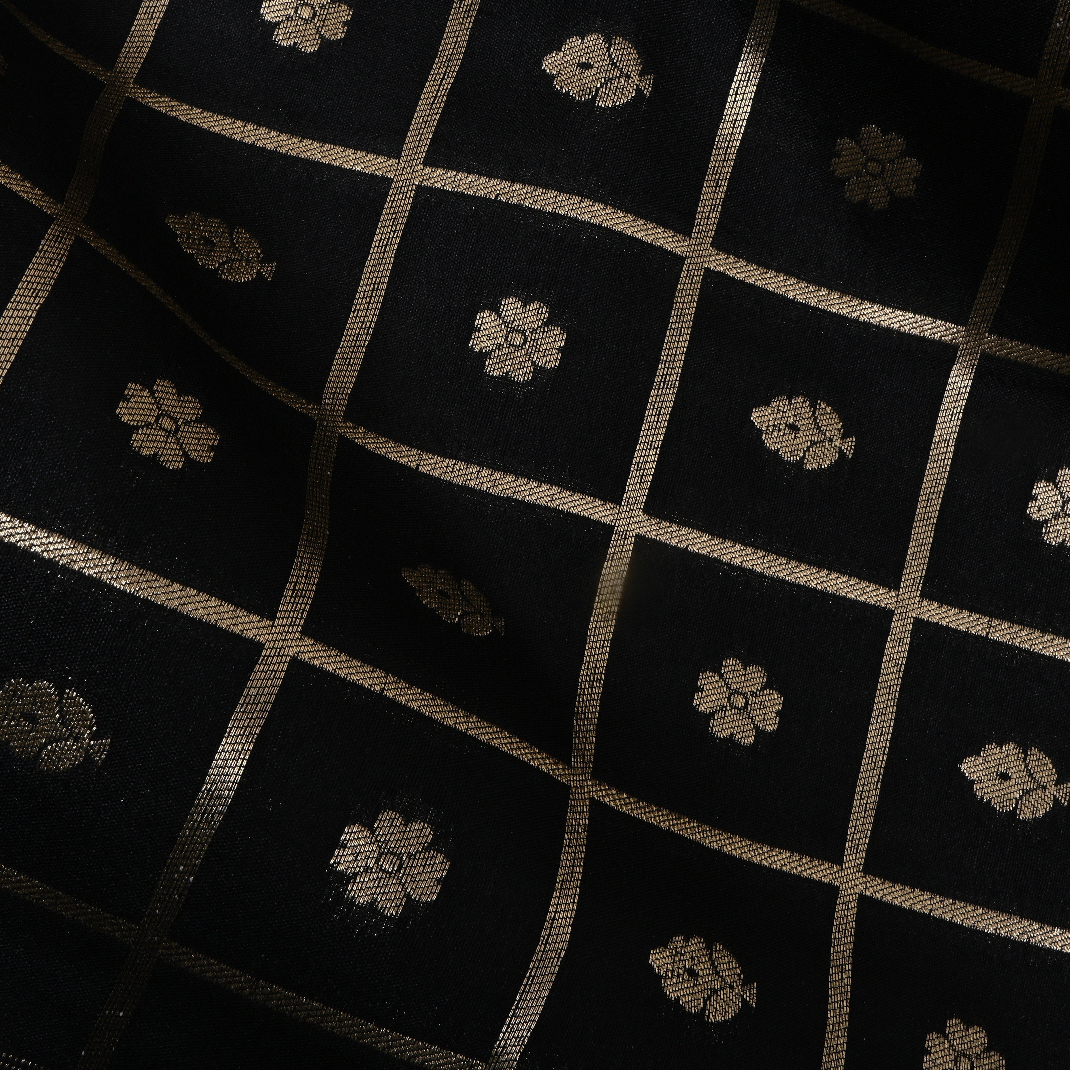 Black Floral Zari Jamawar Silk Fabric