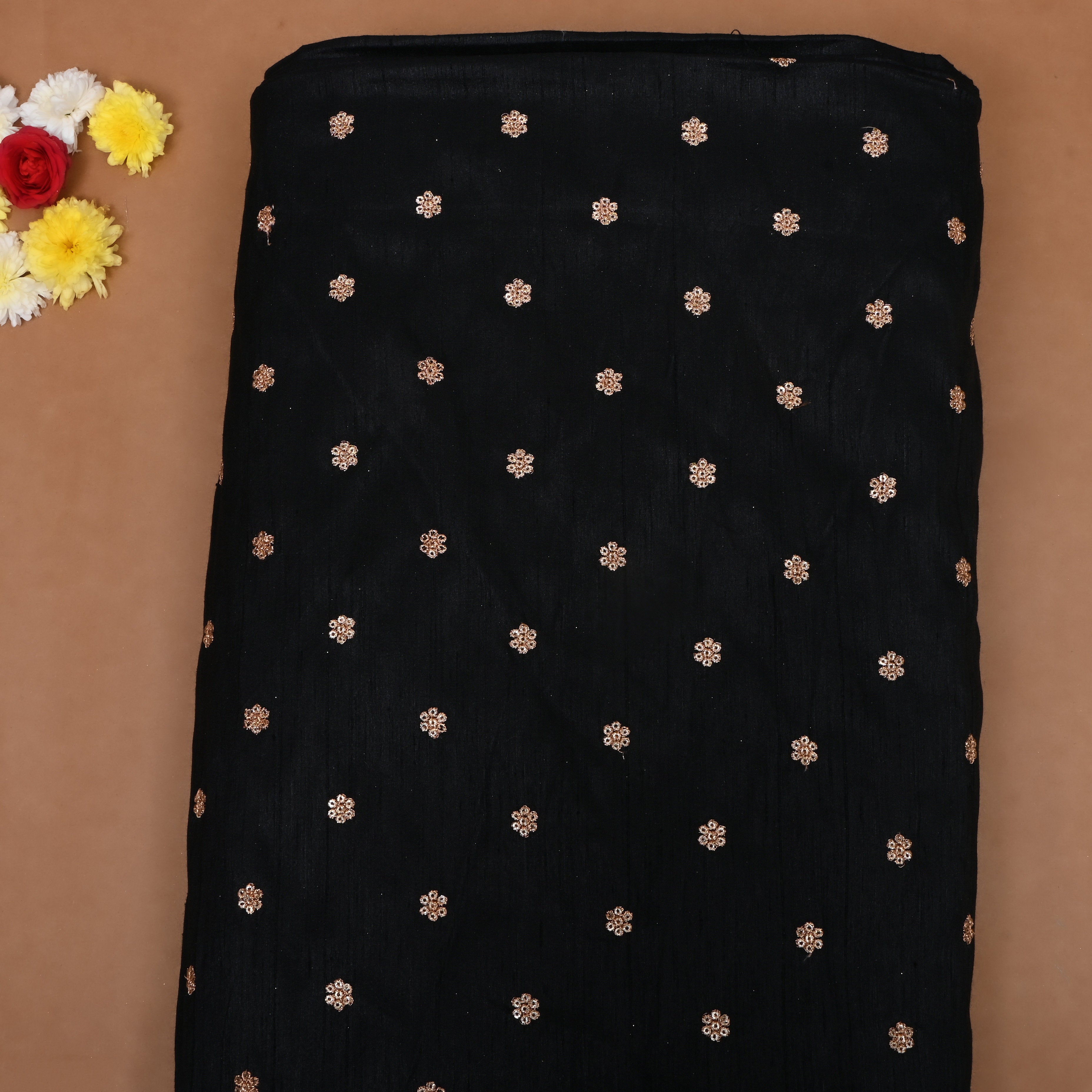 Black Zari Embroidered Dupion Silk Fabric