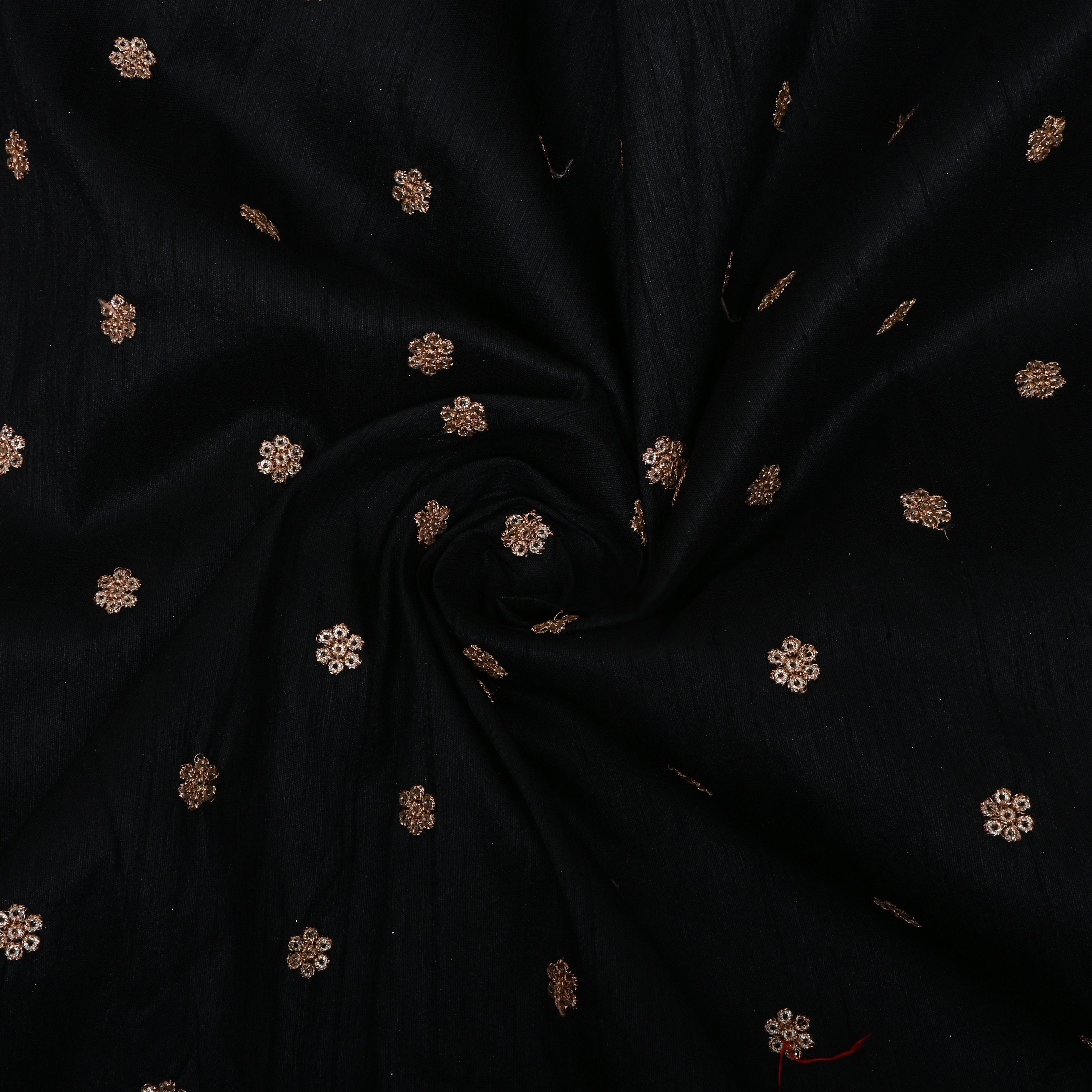Black Zari Embroidered Dupion Silk Fabric