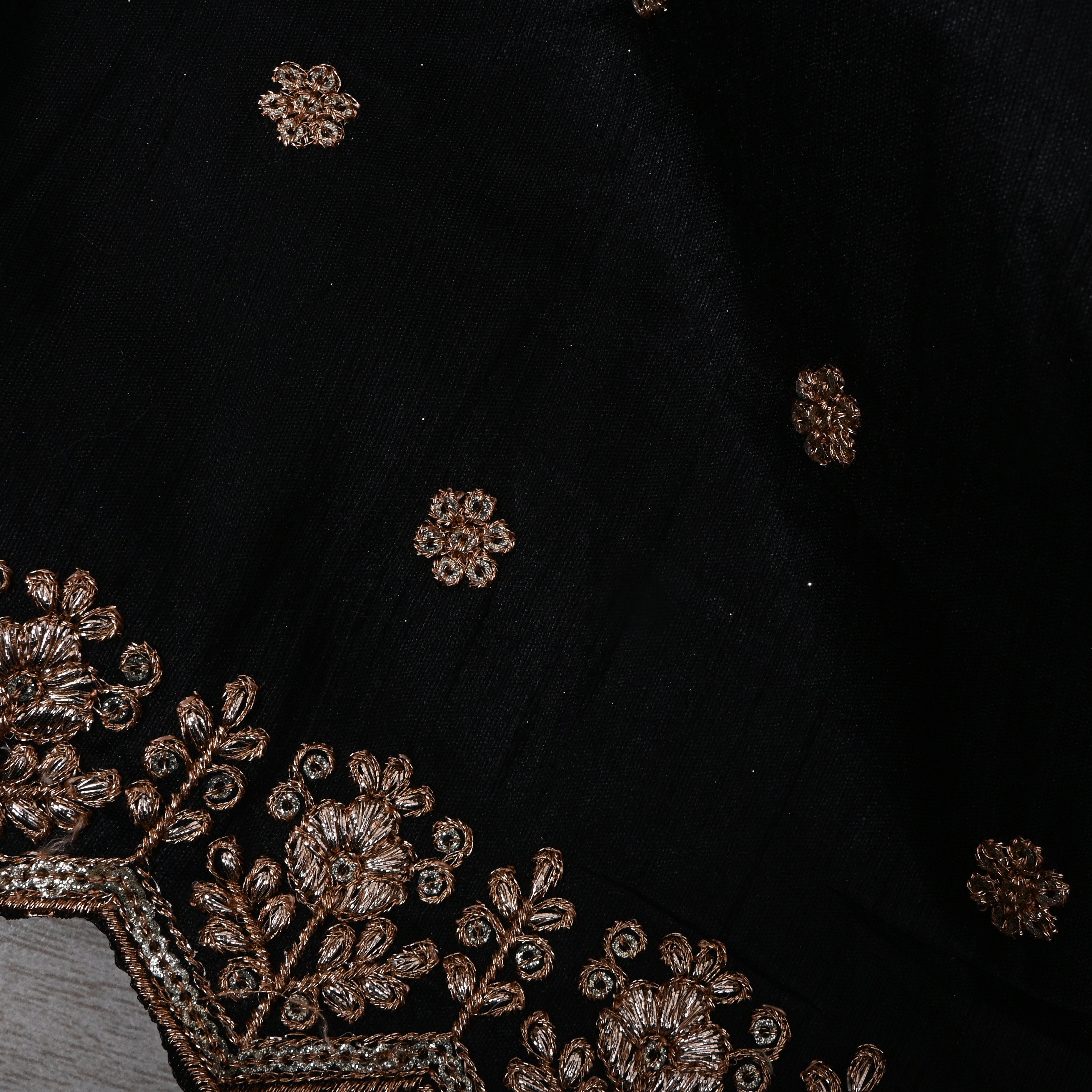 Black Zari Embroidered Dupion Silk Fabric